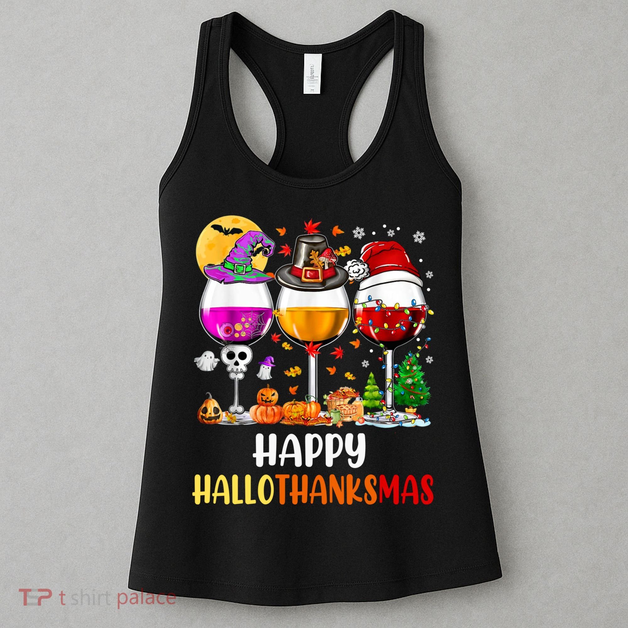 Happy Hallothanksmas Wine Glasses Wine Lover Long Sleeve Women's Tank Top