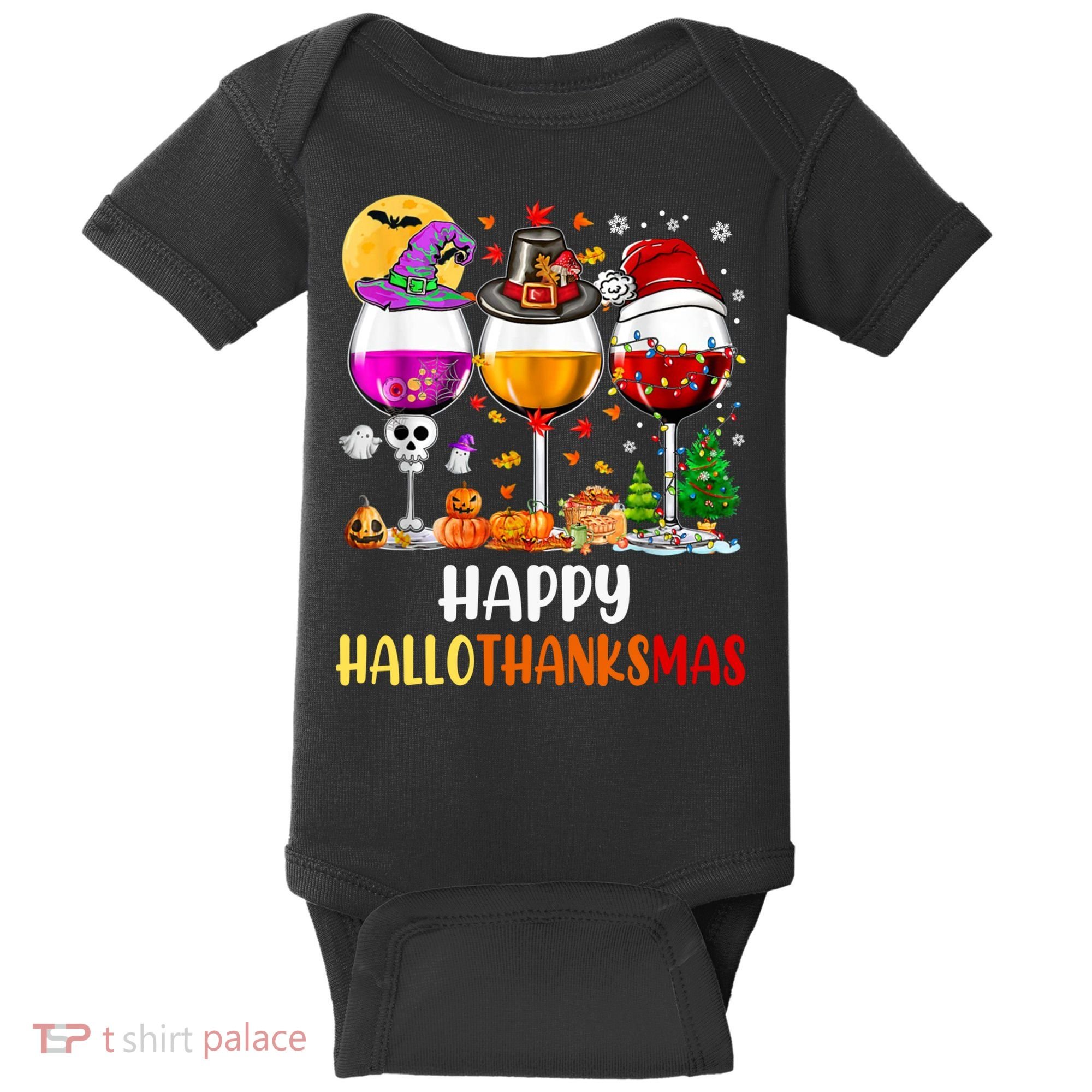 Happy Hallothanksmas Wine Glasses Wine Lover Long Sleeve Baby Bodysuit