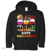 Happy Hallothanksmas Wine Glasses Wine Lover Long Sleeve Toddler Hoodie thumb 0
