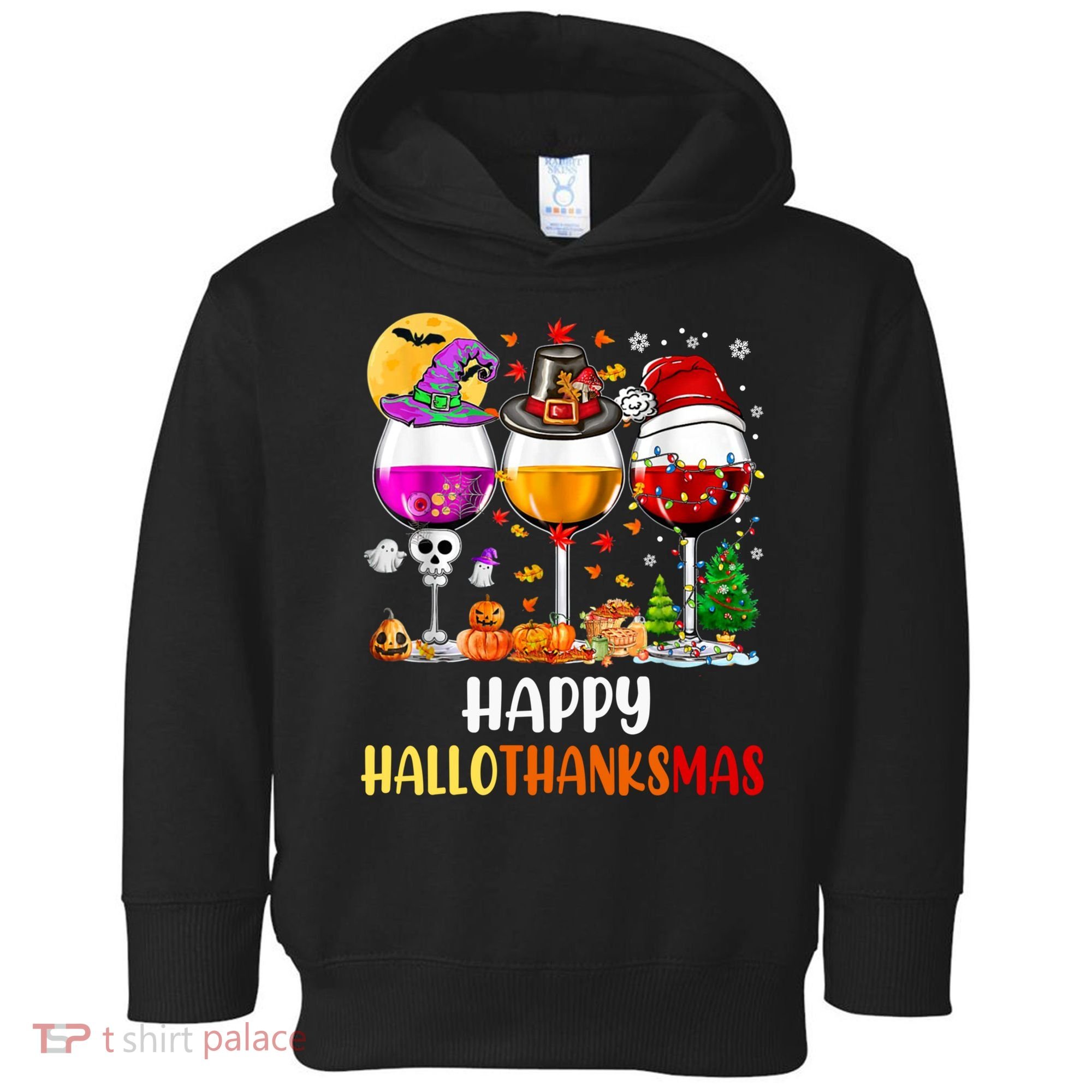 Happy Hallothanksmas Wine Glasses Wine Lover Long Sleeve Toddler Hoodie