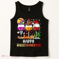 Happy Hallothanksmas Wine Glasses Wine Lover Long Sleeve Tank Top thumb 2