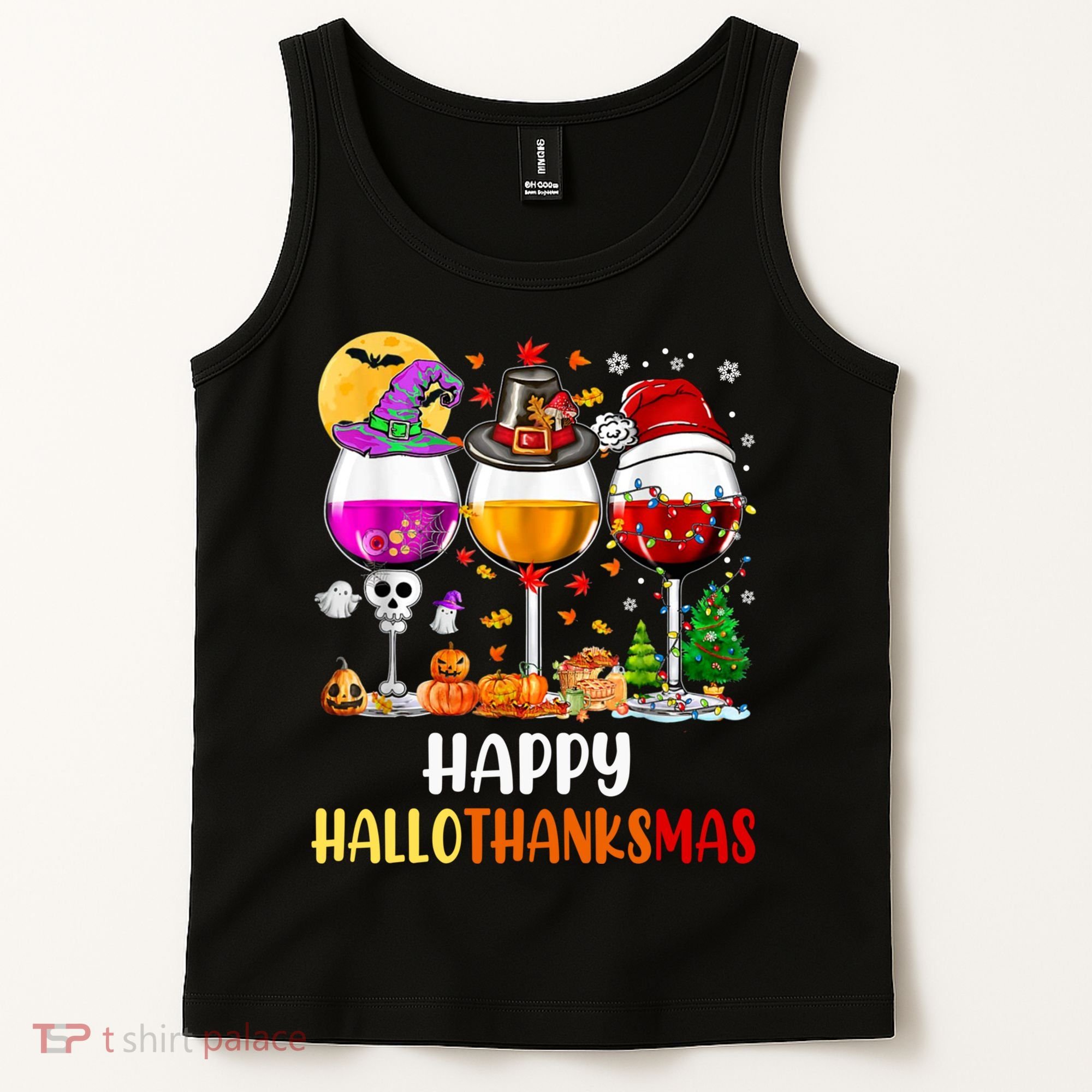 Happy Hallothanksmas Wine Glasses Wine Lover Long Sleeve Tank Top