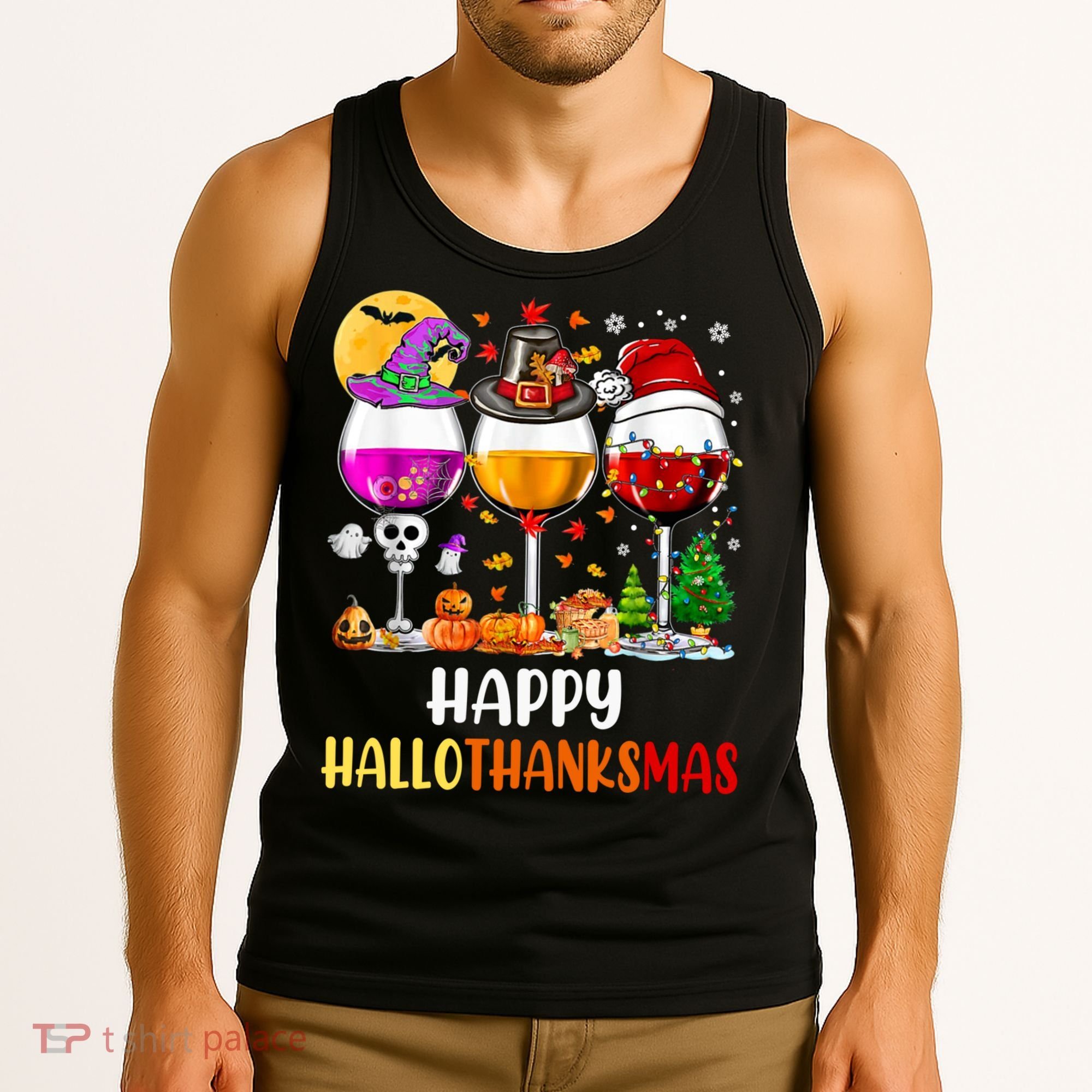 Happy Hallothanksmas Wine Glasses Wine Lover Long Sleeve Tank Top