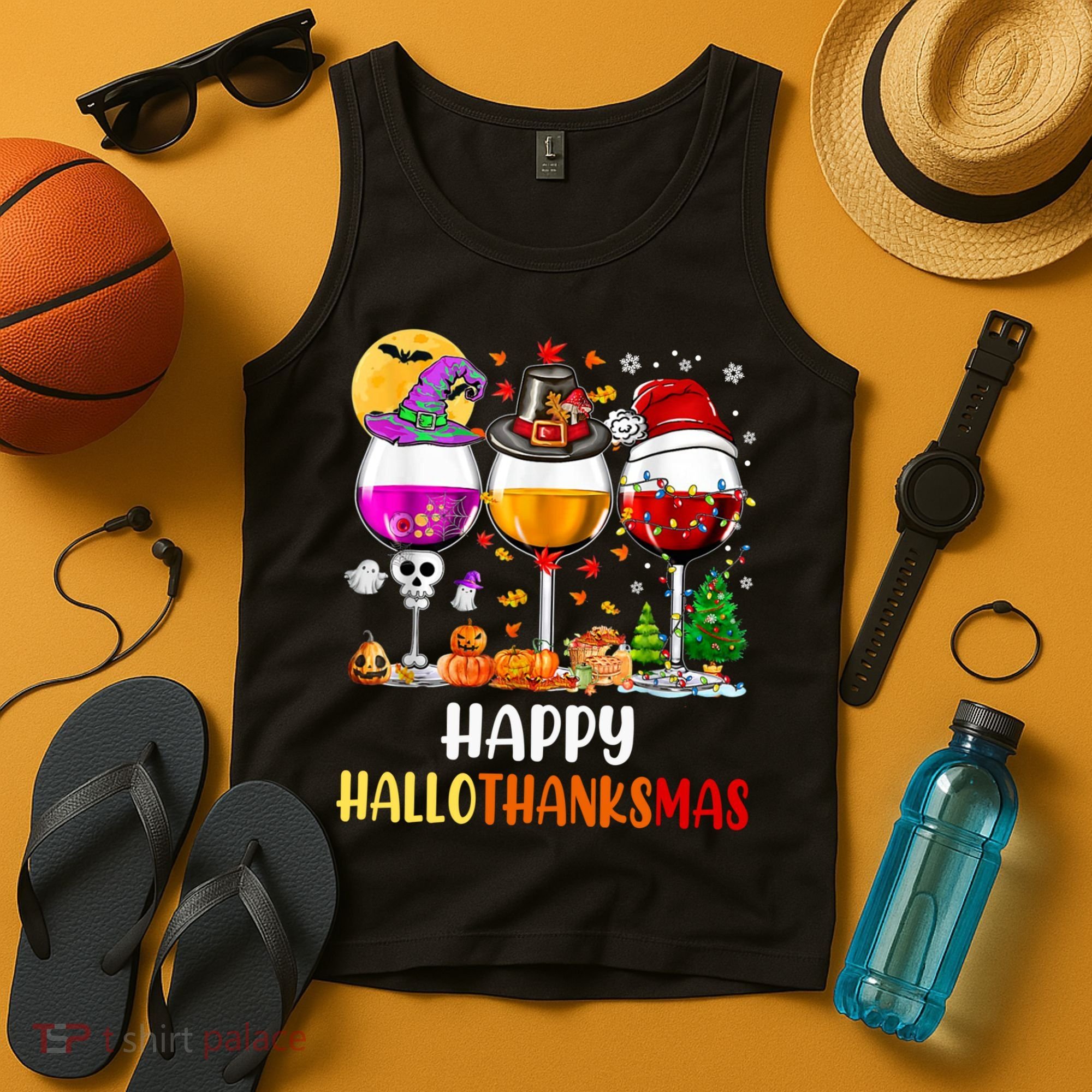 Happy Hallothanksmas Wine Glasses Wine Lover Long Sleeve Tank Top