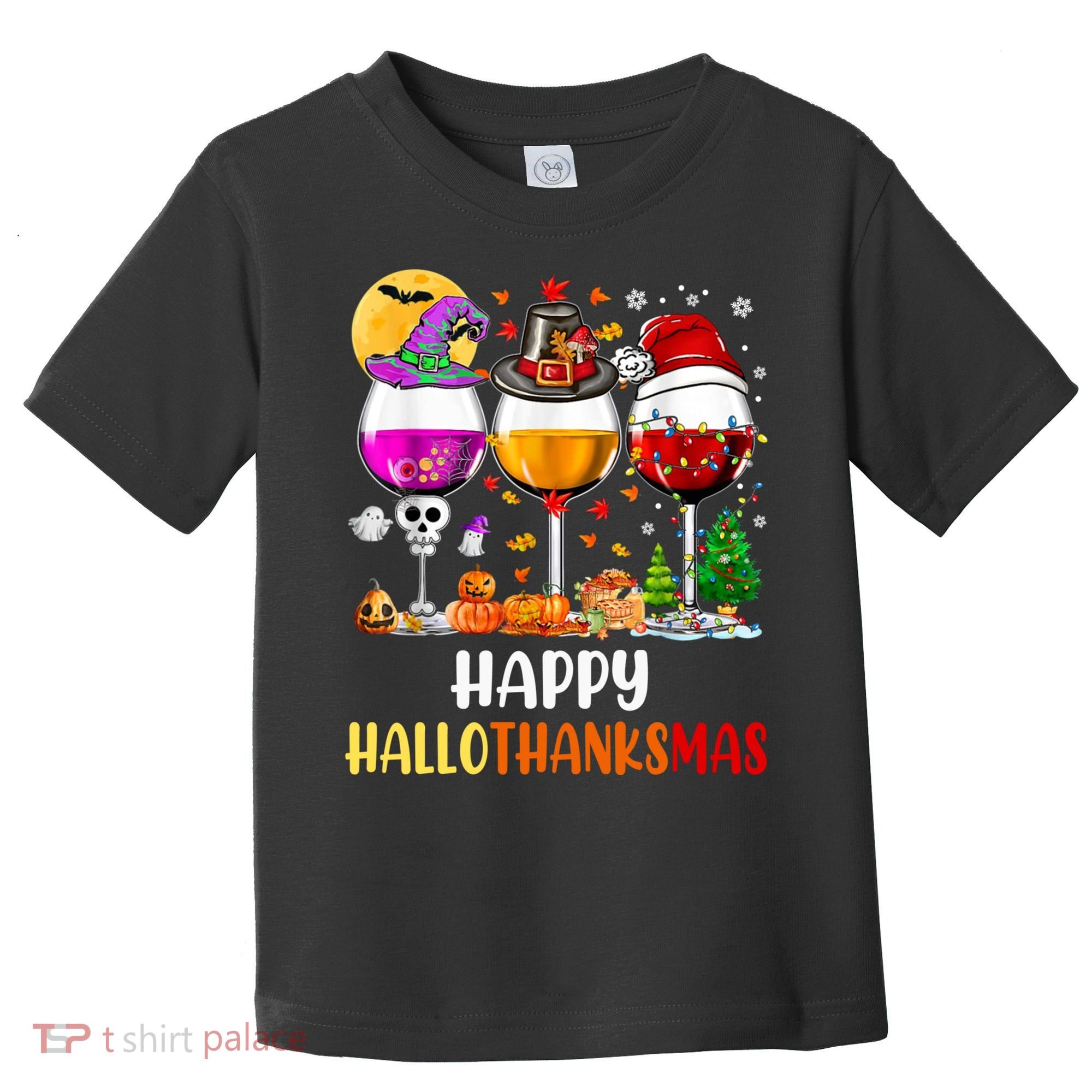 Happy Hallothanksmas Wine Glasses Wine Lover Long Sleeve Toddler T-Shirt