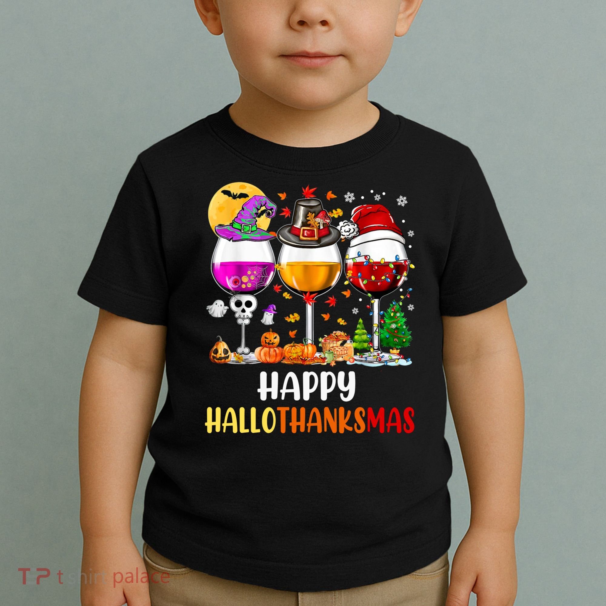 Happy Hallothanksmas Wine Glasses Wine Lover Long Sleeve Toddler T-Shirt