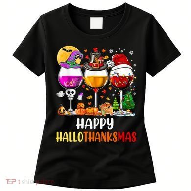 Happy Hallothanksmas Wine Glasses Wine Lover Long Sleeve Women's T-Shirt