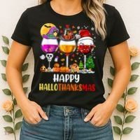 Happy Hallothanksmas Wine Glasses Wine Lover Long Sleeve Women's T-Shirt thumb 2