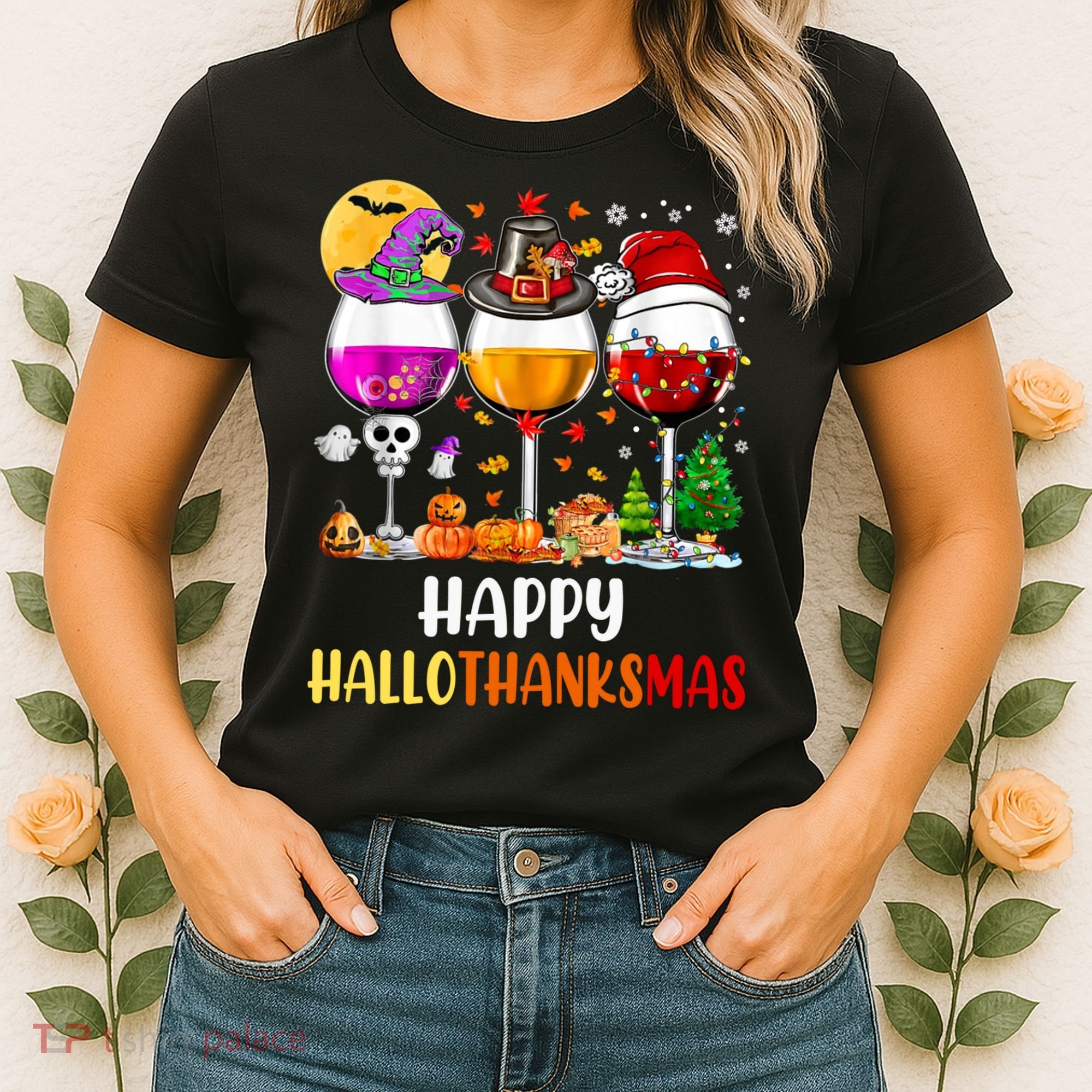 Happy Hallothanksmas Wine Glasses Wine Lover Long Sleeve Women's T-Shirt