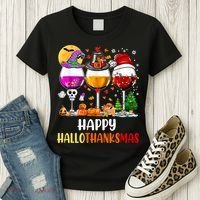 Happy Hallothanksmas Wine Glasses Wine Lover Long Sleeve Women's T-Shirt thumb 3