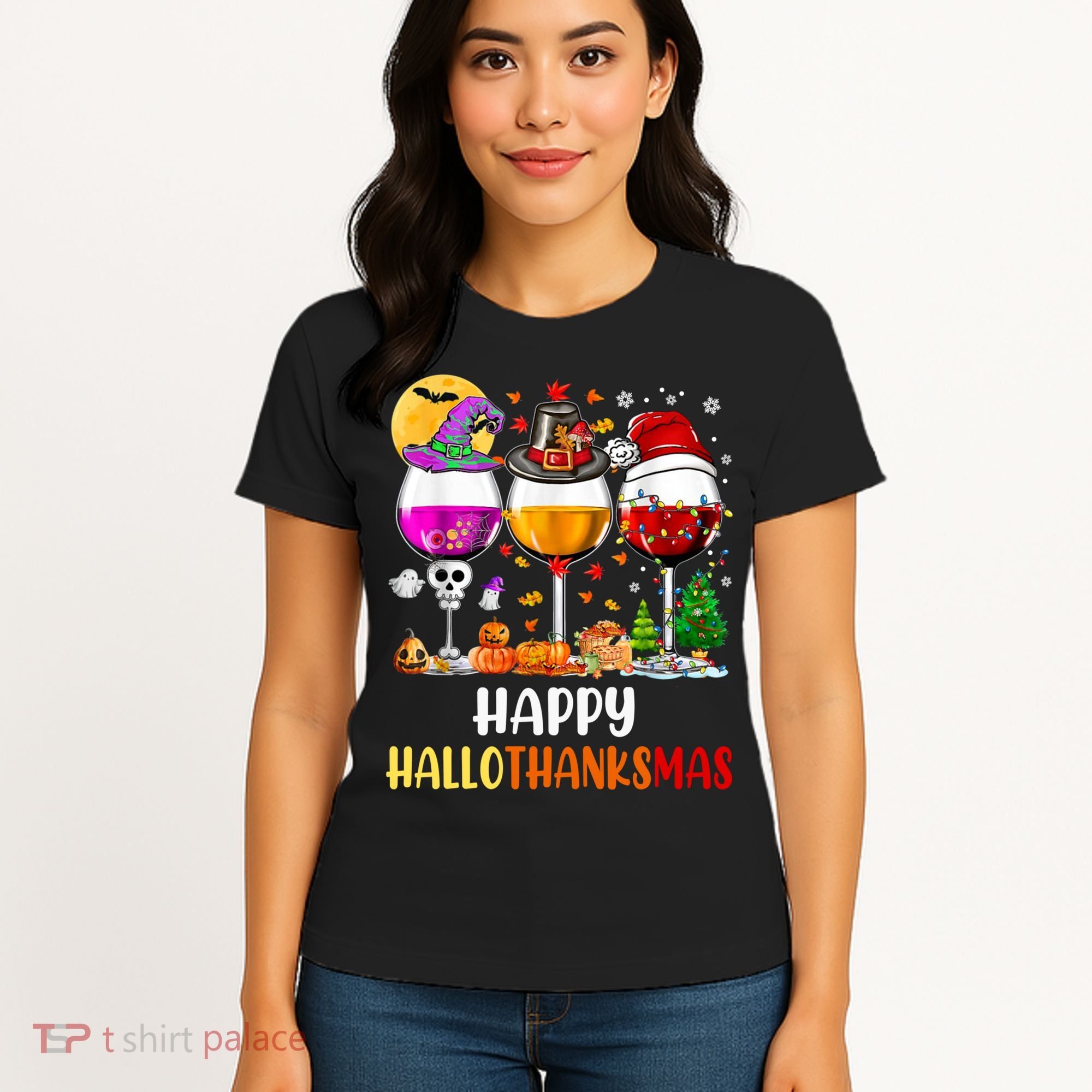 Happy Hallothanksmas Wine Glasses Wine Lover Long Sleeve Women's T-Shirt