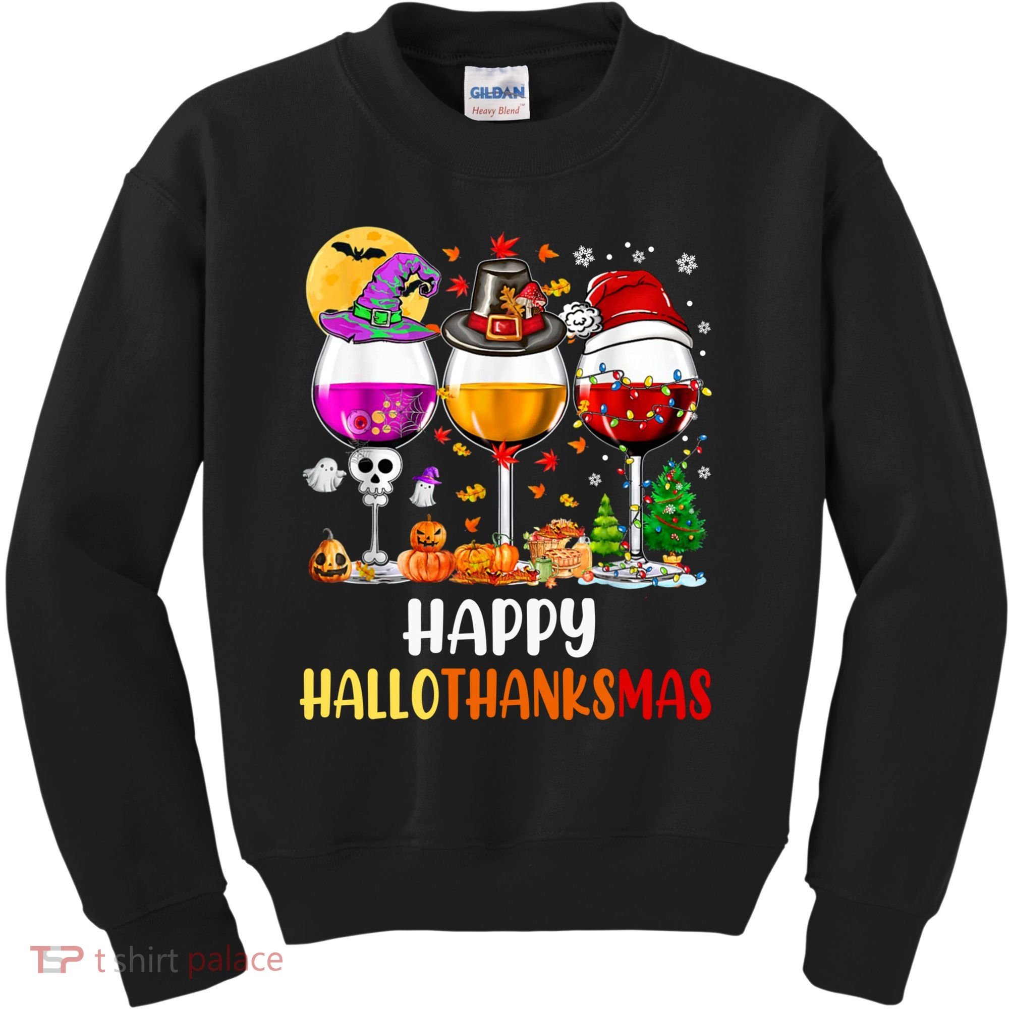 Happy Hallothanksmas Wine Glasses Wine Lover Long Sleeve Kids Sweatshirt