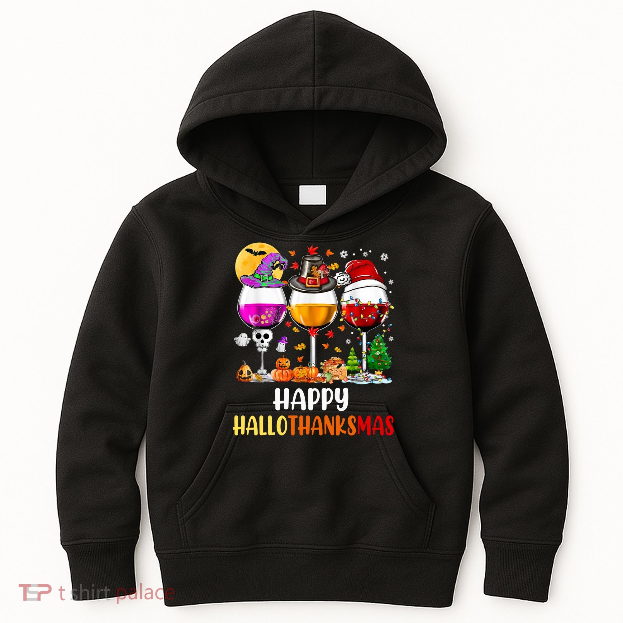 Happy Hallothanksmas Wine Glasses Wine Lover Long Sleeve Kids Hoodie