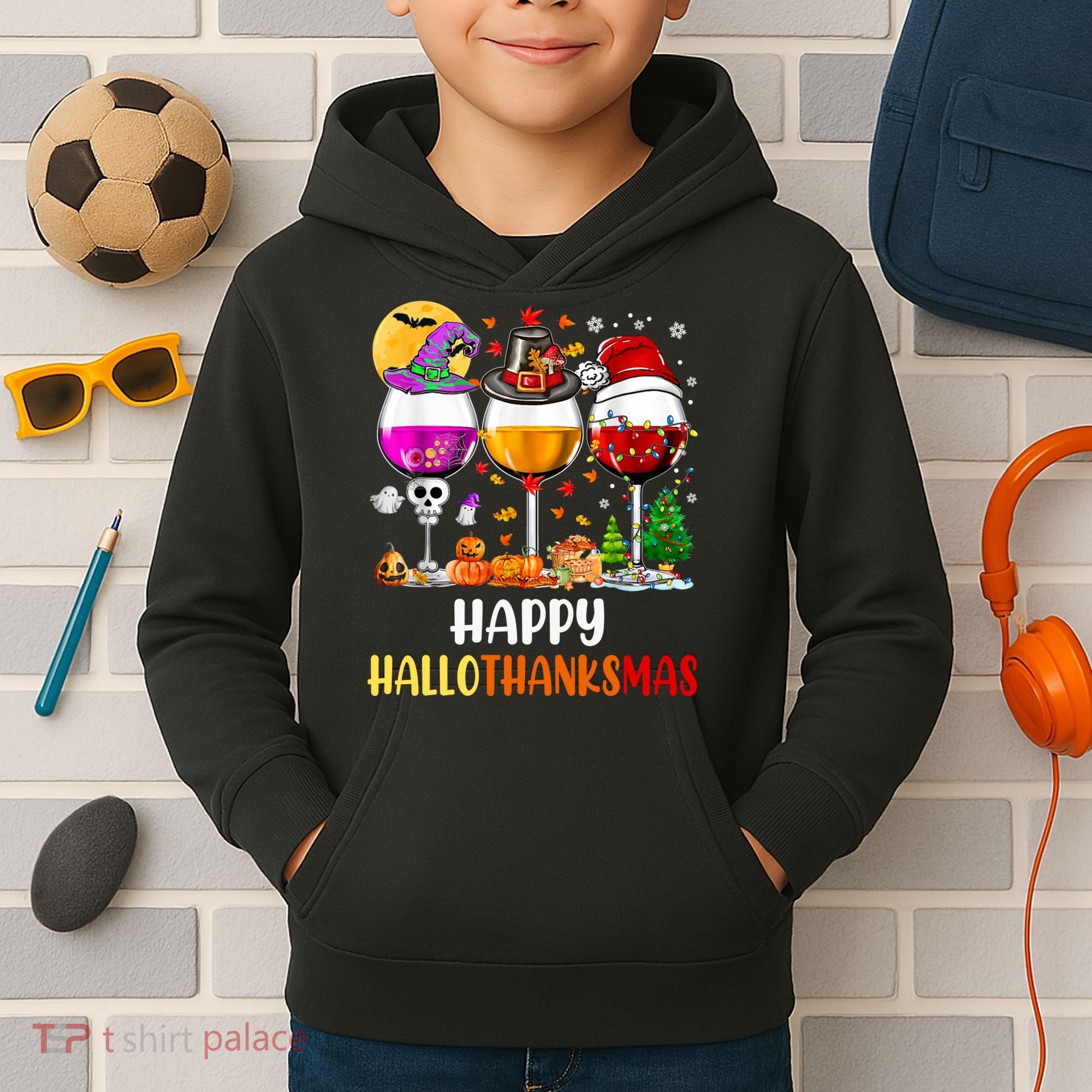 Happy Hallothanksmas Wine Glasses Wine Lover Long Sleeve Kids Hoodie