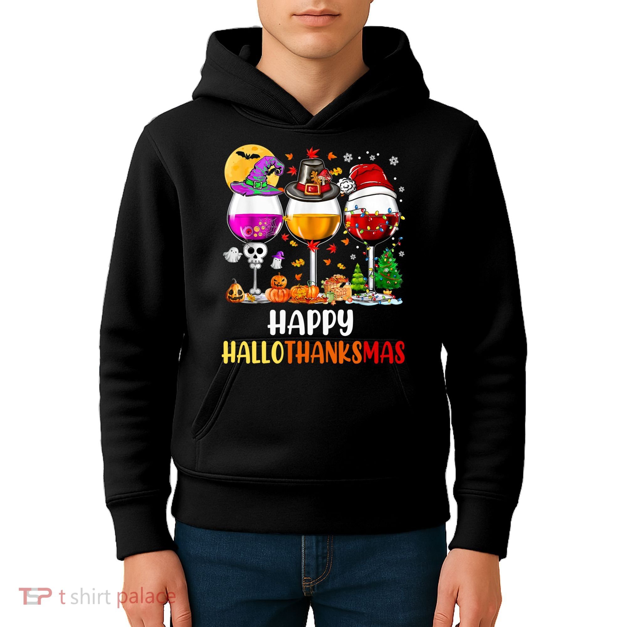 Happy Hallothanksmas Wine Glasses Wine Lover Long Sleeve Kids Hoodie