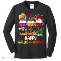 Happy Hallothanksmas Wine Glasses Wine Lover Long Sleeve Kids Long Sleeve Shirt thumb 0