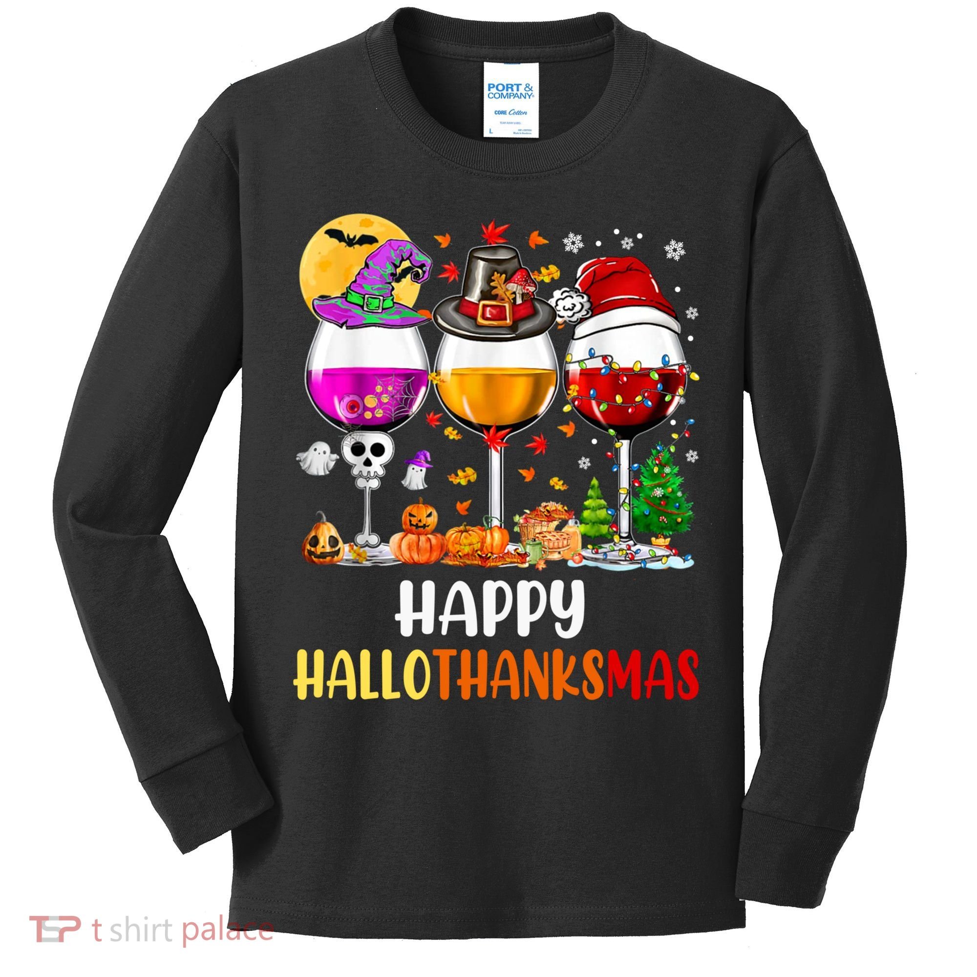 Happy Hallothanksmas Wine Glasses Wine Lover Long Sleeve Kids Long Sleeve Shirt
