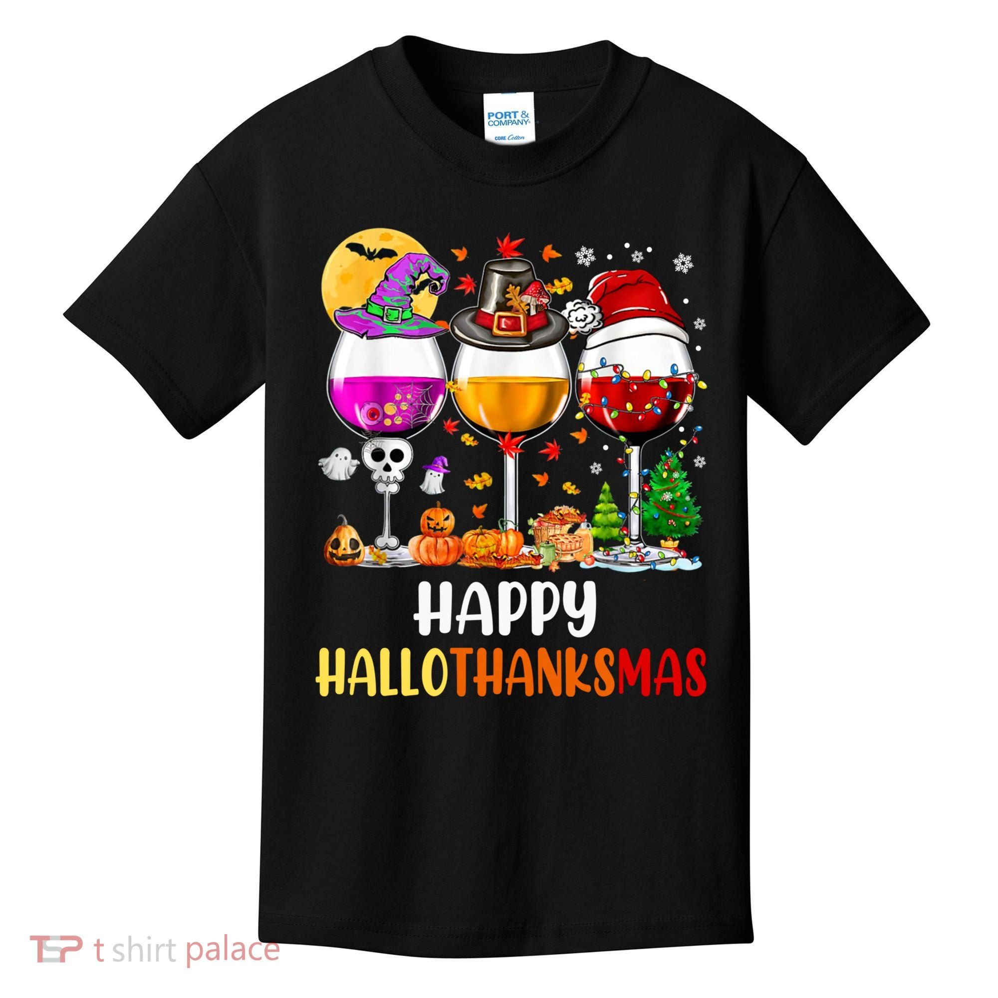 Happy Hallothanksmas Wine Glasses Wine Lover Long Sleeve Kids T-Shirt