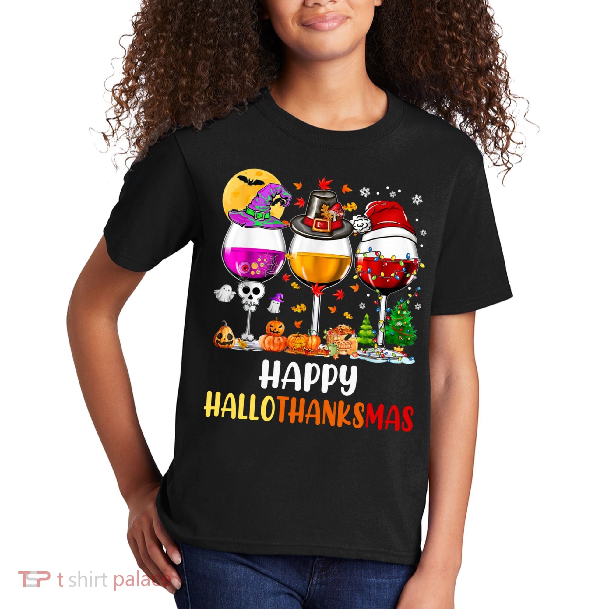 Happy Hallothanksmas Wine Glasses Wine Lover Long Sleeve Kids T-Shirt