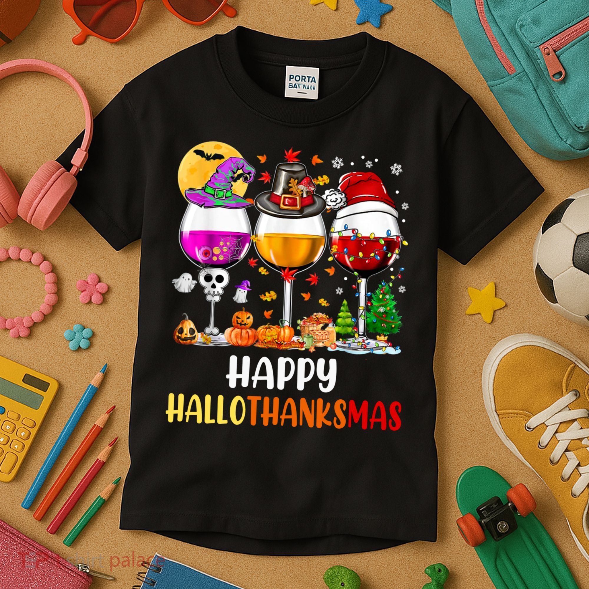 Happy Hallothanksmas Wine Glasses Wine Lover Long Sleeve Kids T-Shirt