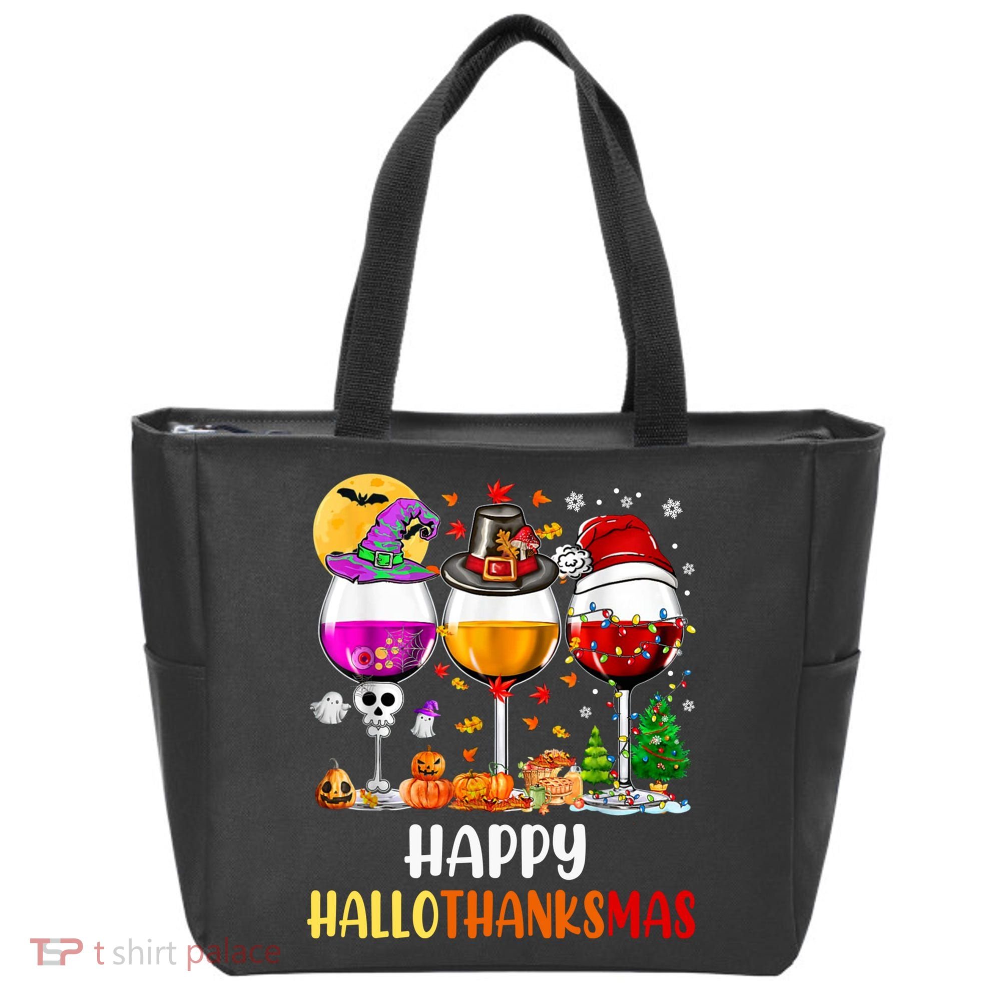Happy Hallothanksmas Wine Glasses Wine Lover Long Sleeve Tote Bag