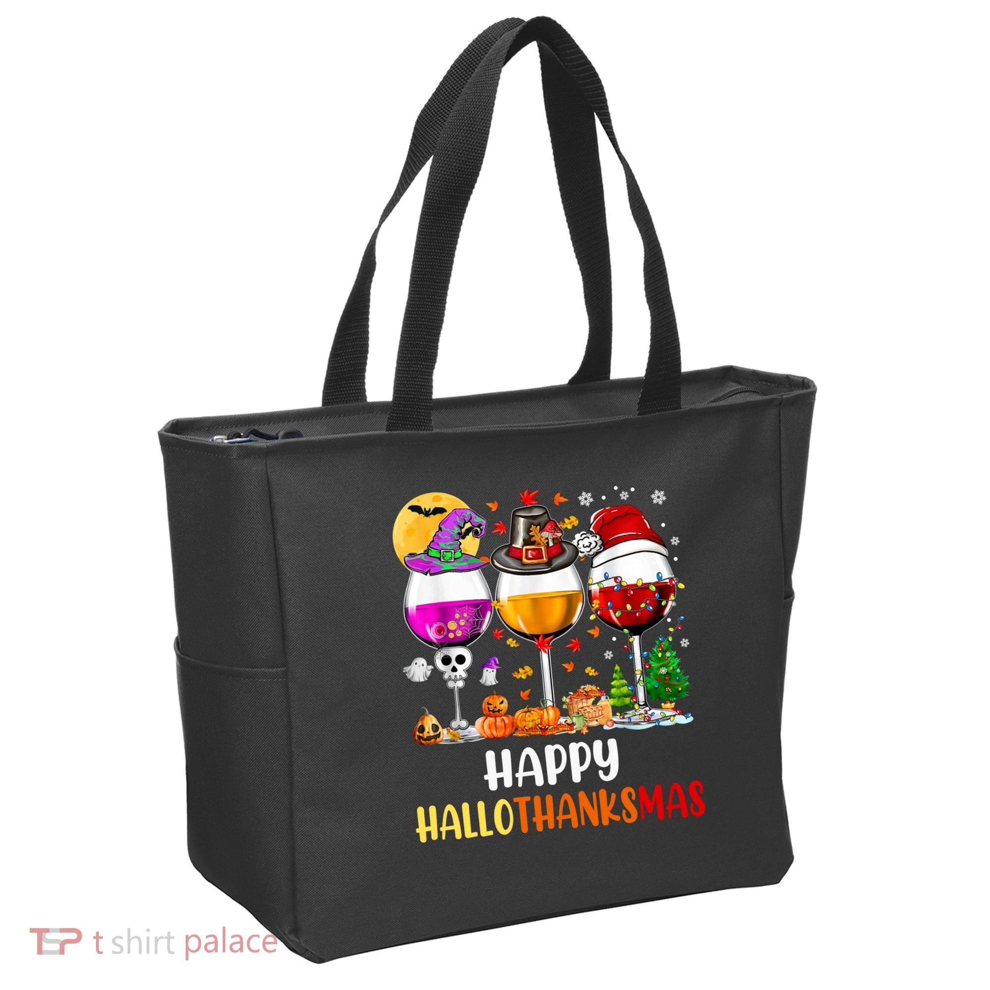 Happy Hallothanksmas Wine Glasses Wine Lover Long Sleeve Tote Bag