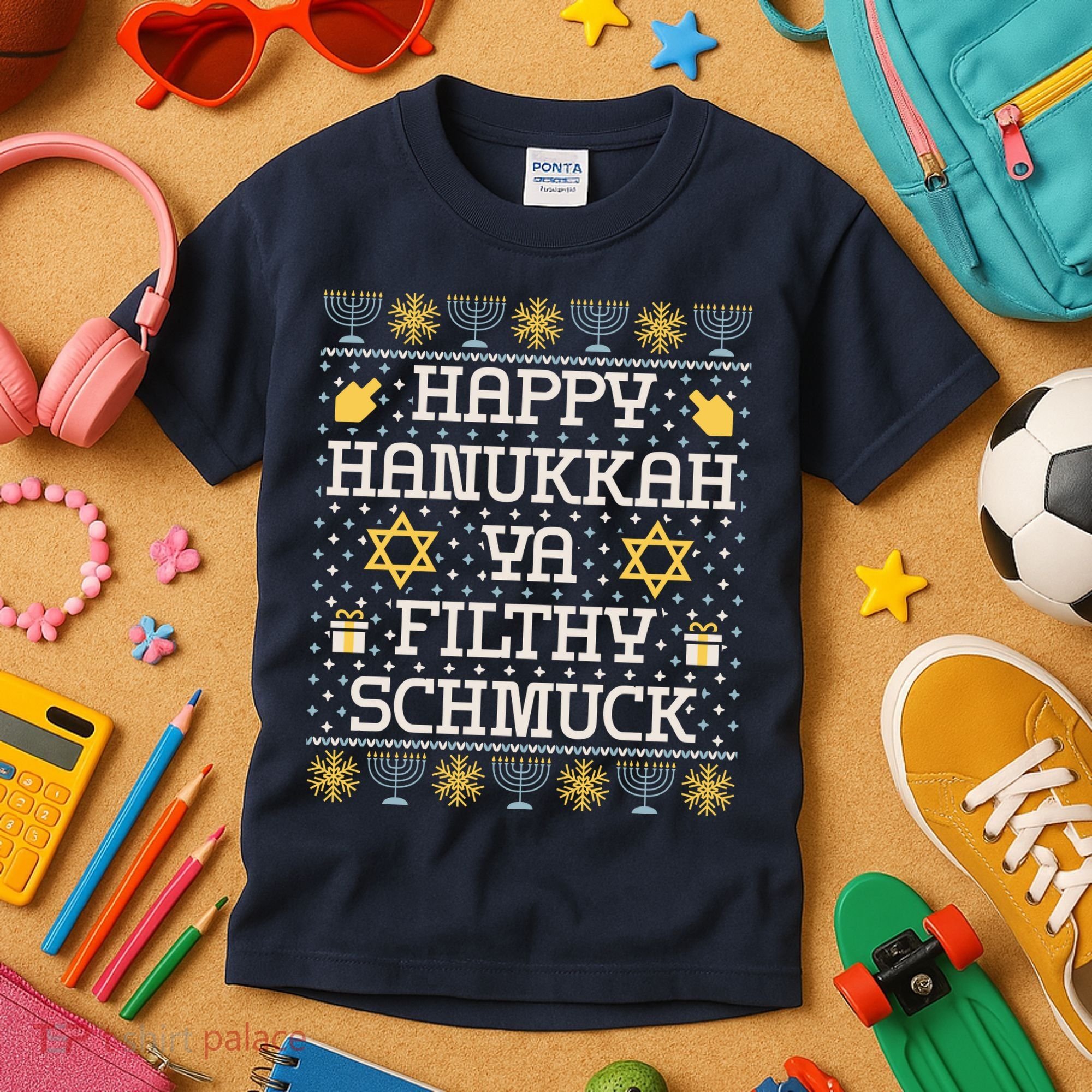 Happy Hanukkah Ya Filthy Schmuck Funny Hanukkah Idea Kids T-Shirt