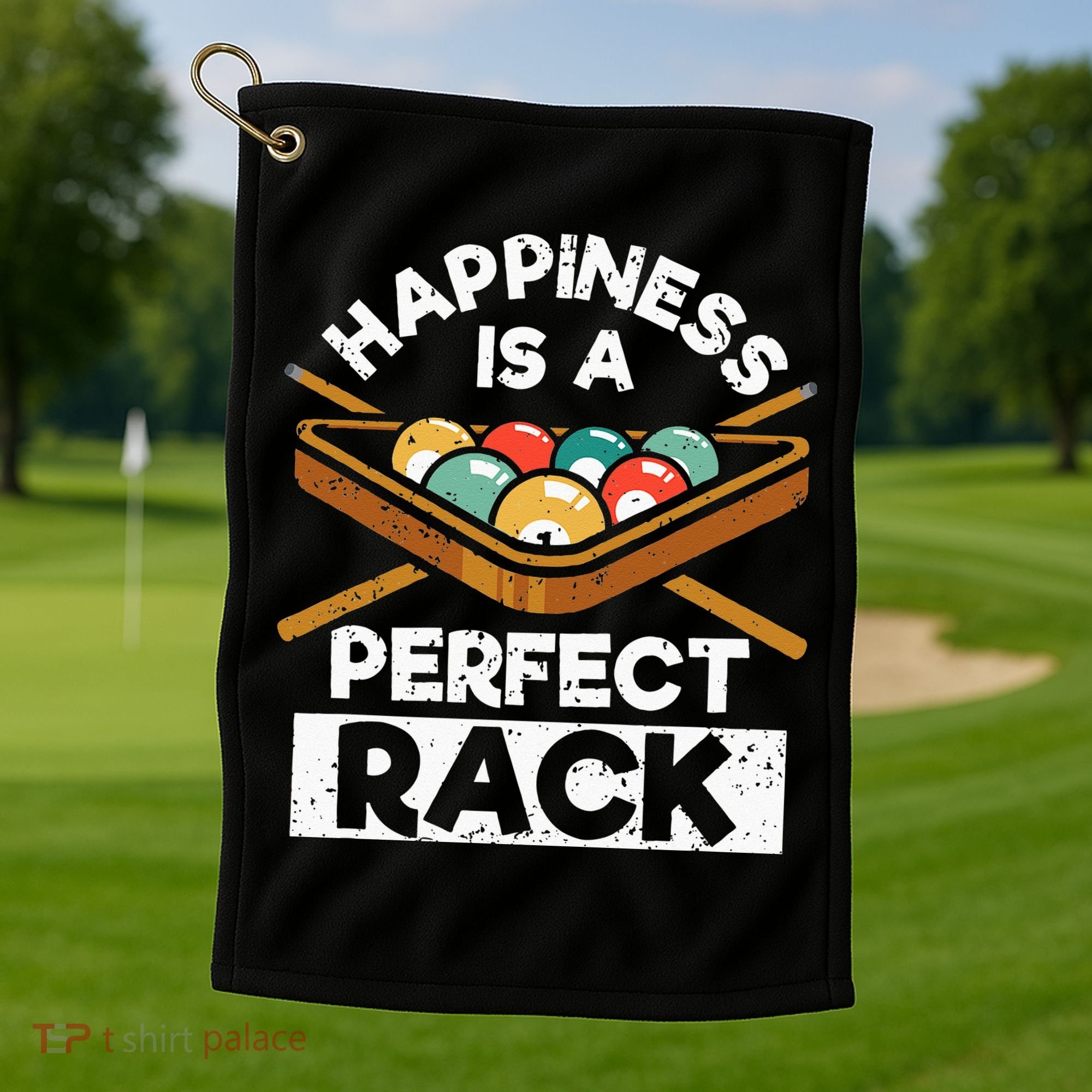 Happiness Is A Perfect Rack Funny Pool Billiard Player Golf Towel