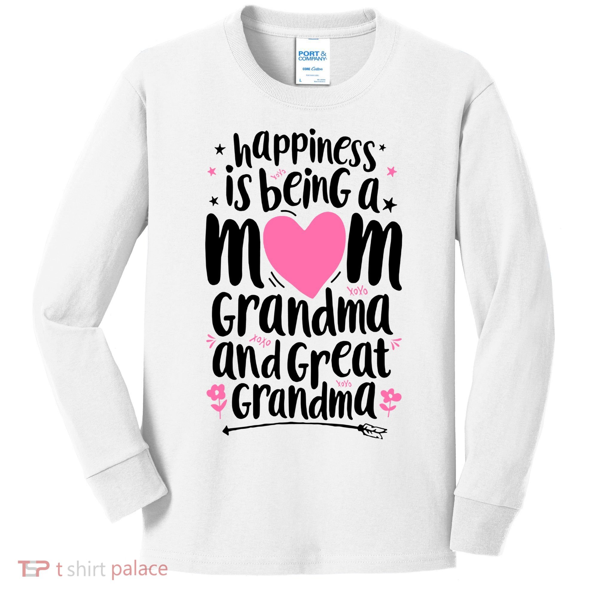Happiness Is Being A Mom Grandma And Great Grandma Kids Long Sleeve Shirt