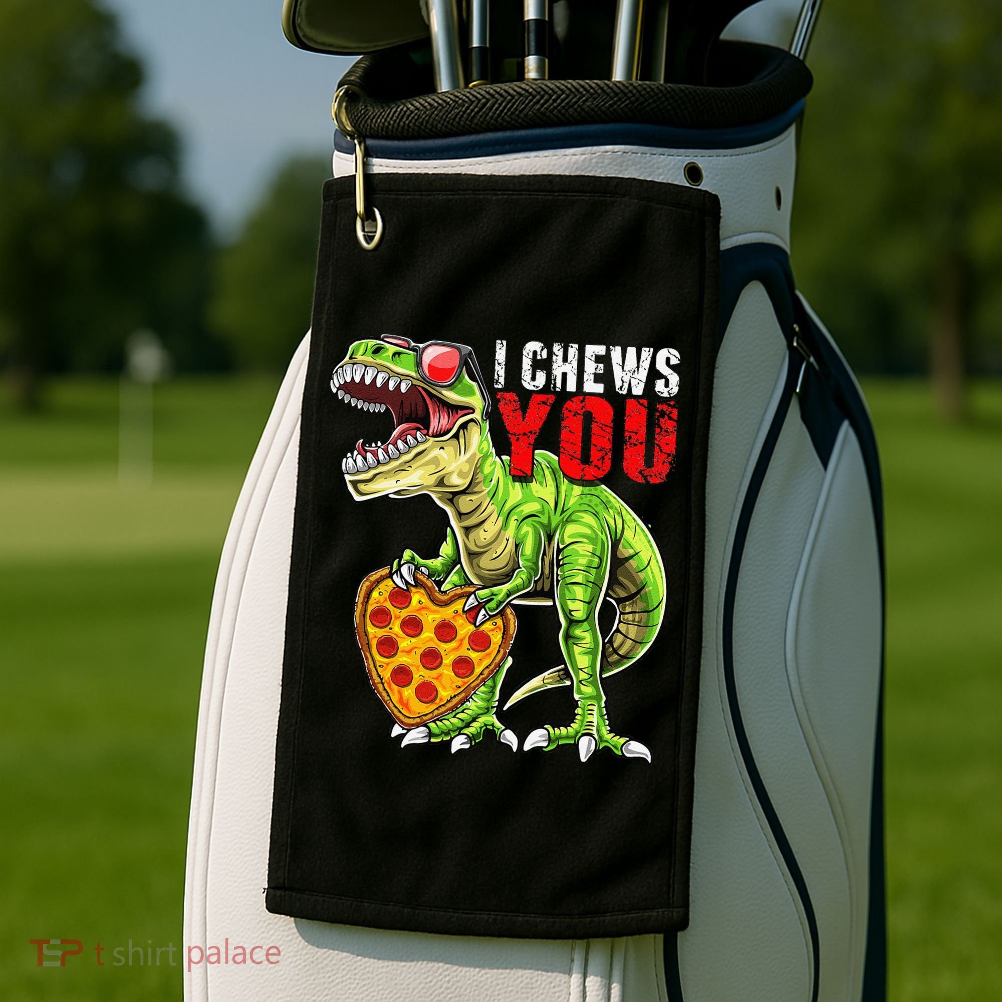 Heart I Chews You T Rex Dinosaur Pizza Valentine's Day Golf Towel
