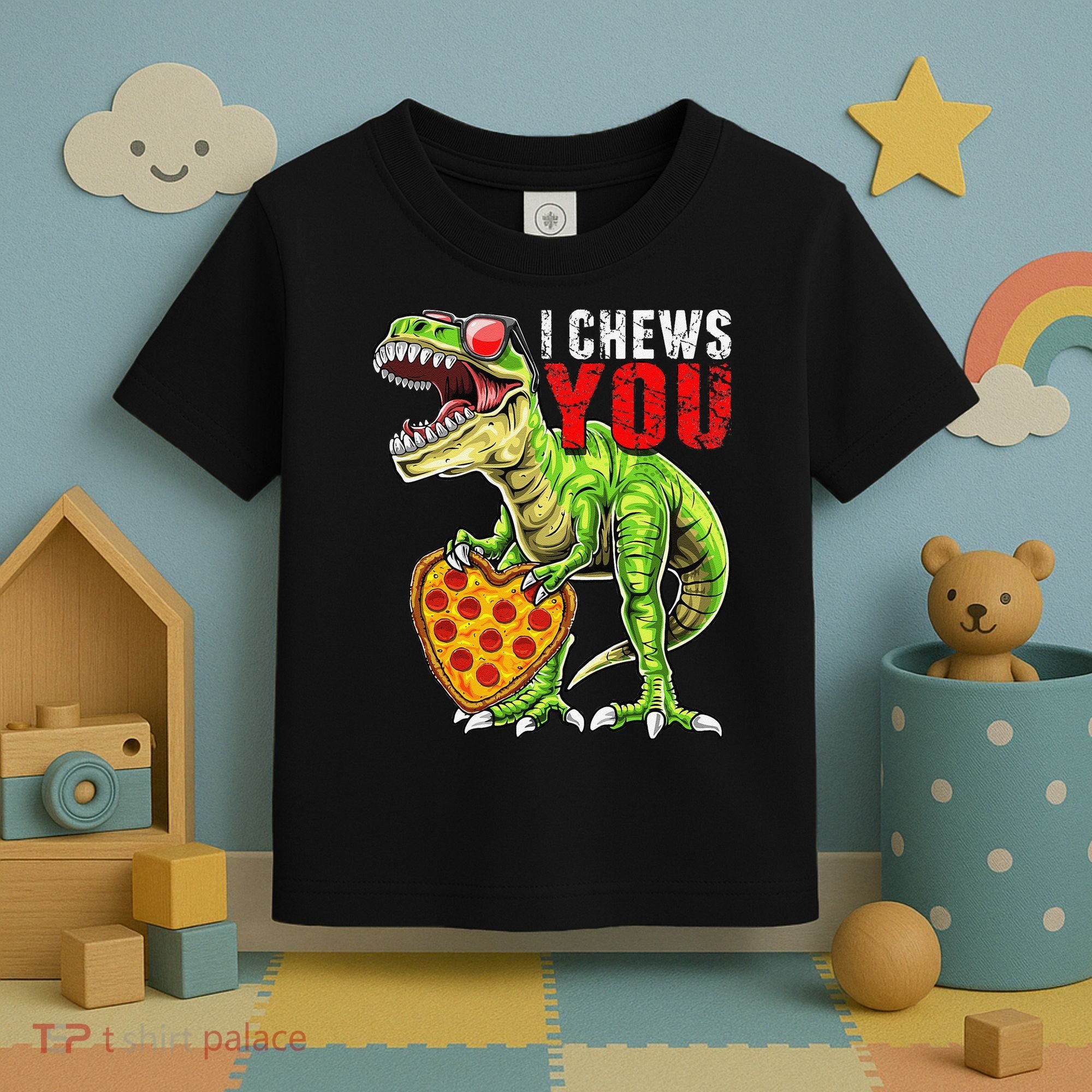 Heart I Chews You T Rex Dinosaur Pizza Valentine's Day Toddler T-Shirt