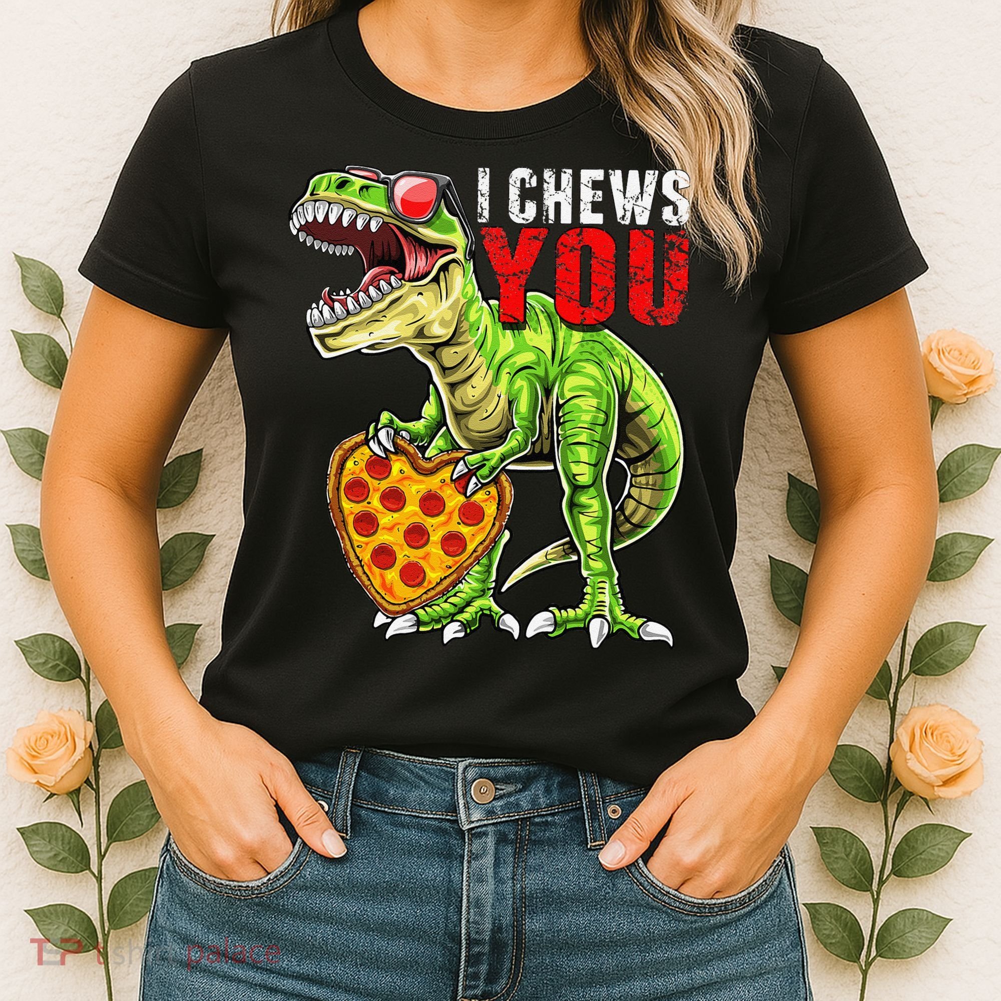 Heart I Chews You T Rex Dinosaur Pizza Valentine's Day Women's T-Shirt
