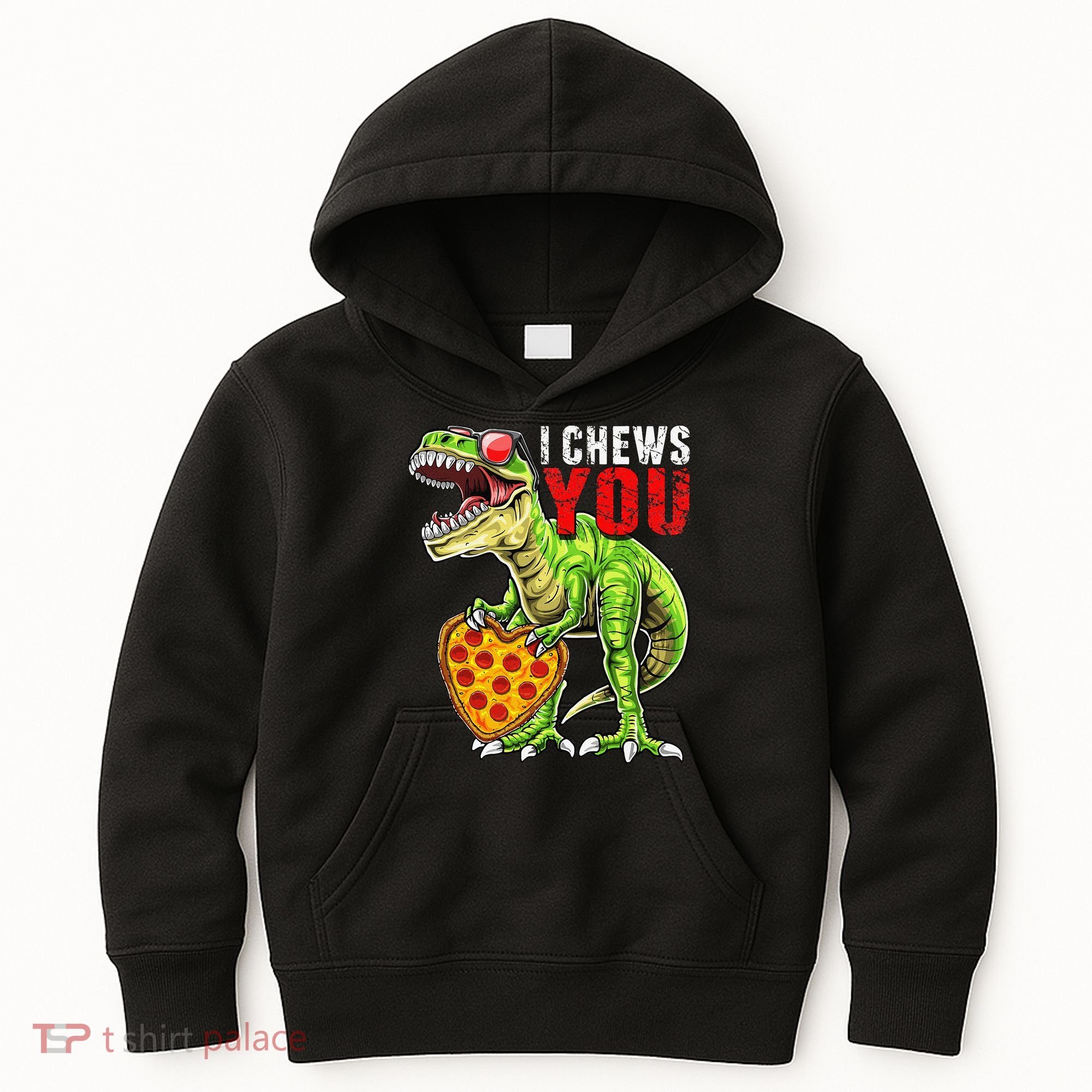 Heart I Chews You T Rex Dinosaur Pizza Valentine's Day Kids Hoodie