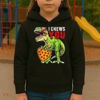 Heart I Chews You T Rex Dinosaur Pizza Valentine's Day Kids Hoodie thumb 3