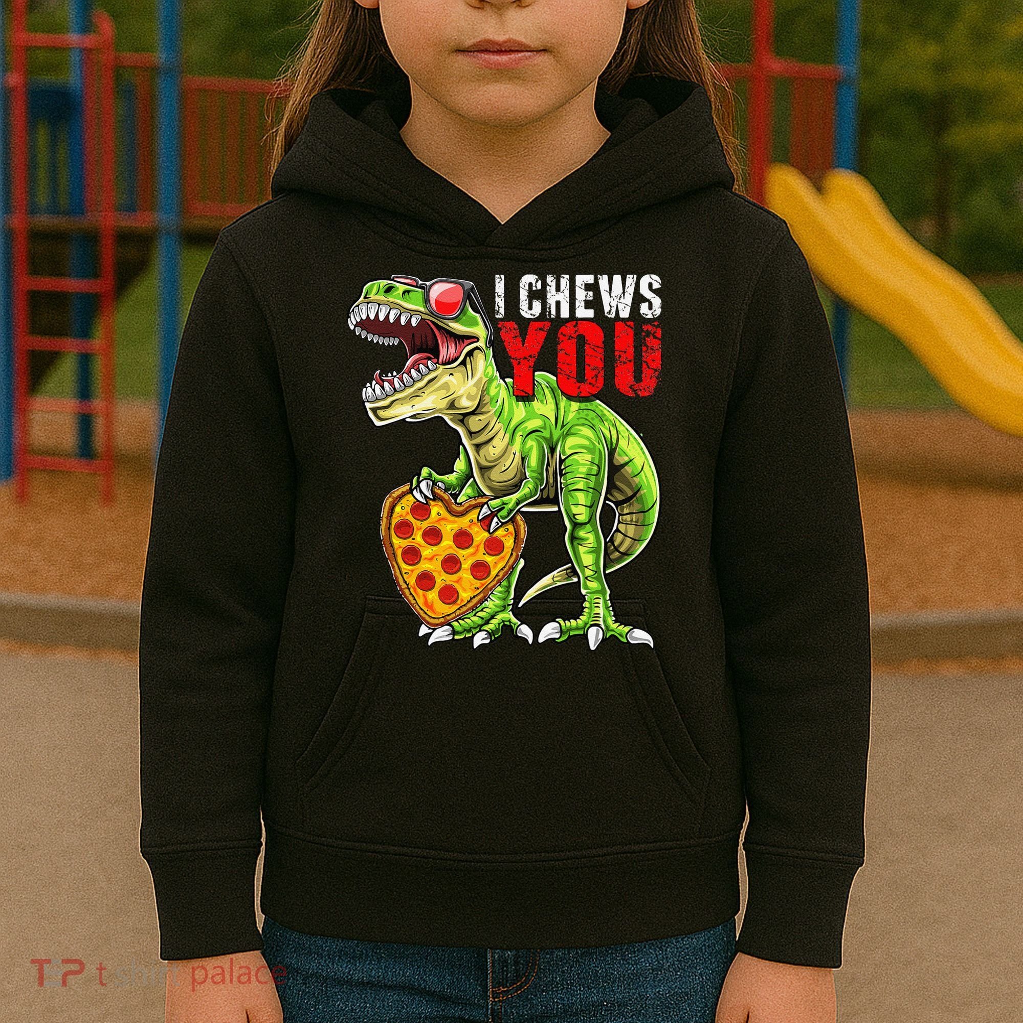 Heart I Chews You T Rex Dinosaur Pizza Valentine's Day Kids Hoodie