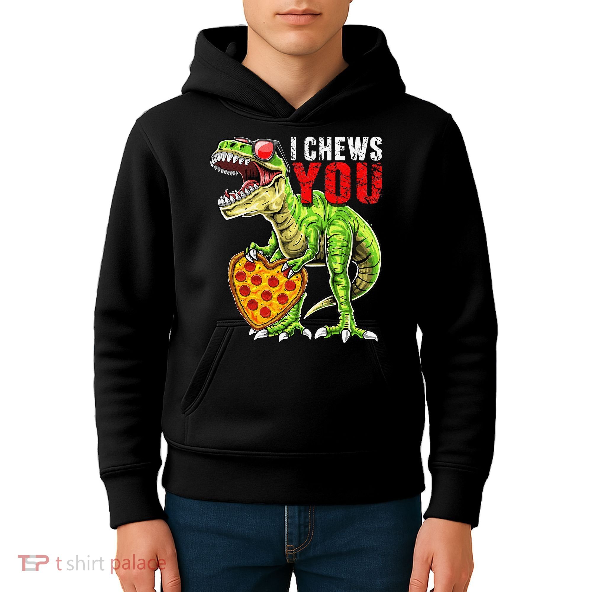 Heart I Chews You T Rex Dinosaur Pizza Valentine's Day Kids Hoodie