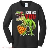 Heart I Chews You T Rex Dinosaur Pizza Valentine's Day Kids Long Sleeve Shirt thumb 0
