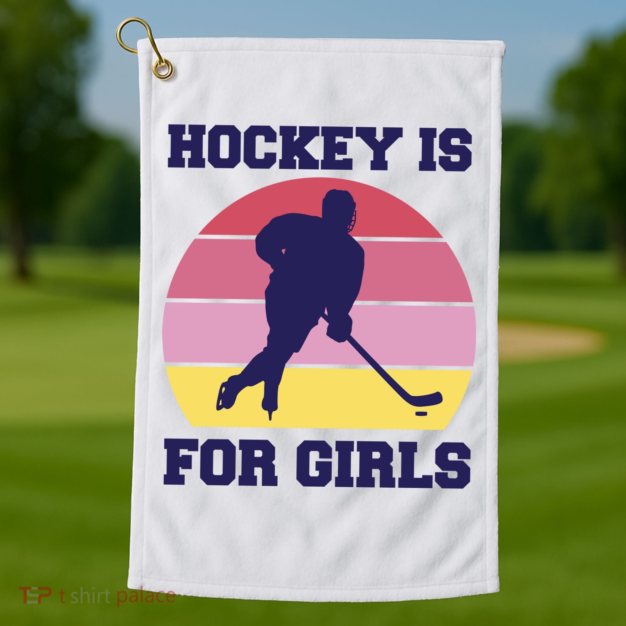 Hockey Is For Girls Retro Sunset Golf Towel