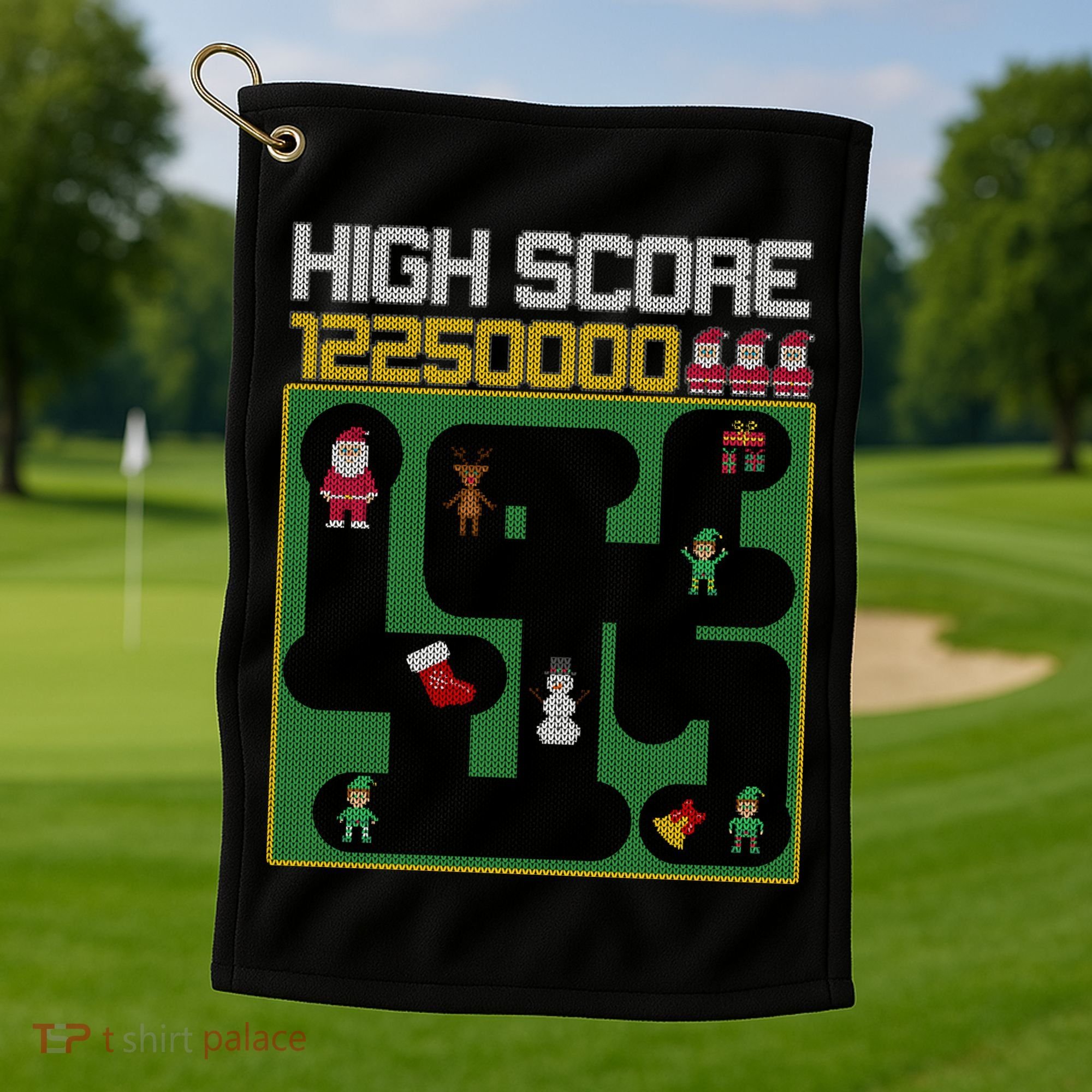 High Score 8-Bit Santa Game Ugly Christmas Golf Towel