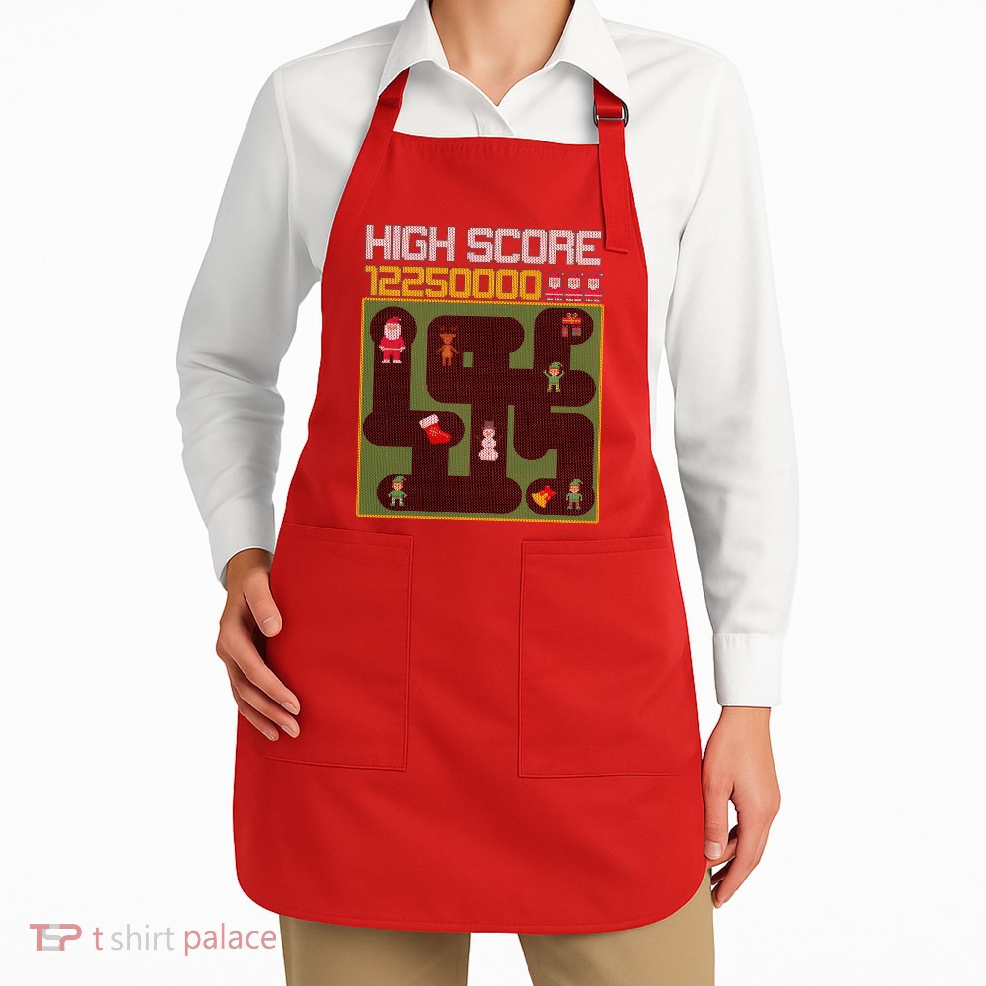 High Score 8-Bit Santa Game Ugly Christmas Apron