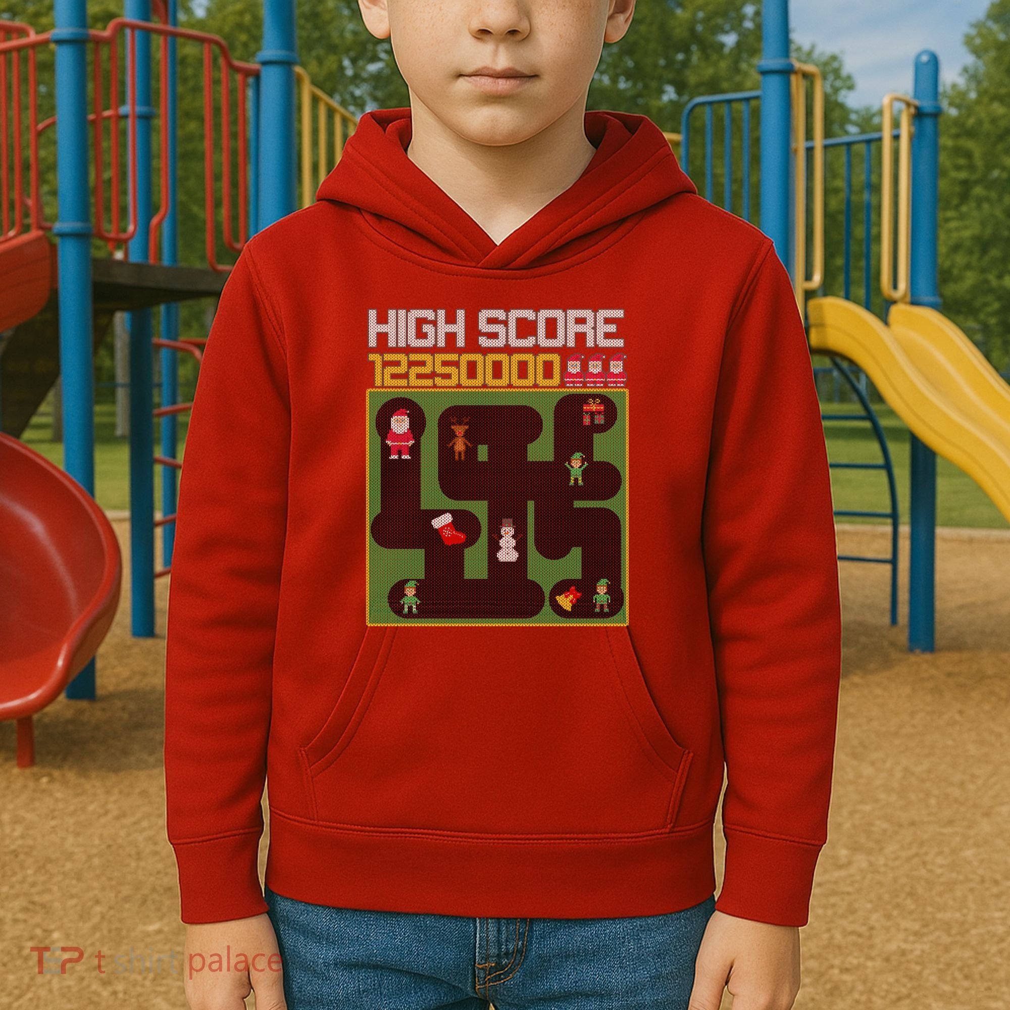 High Score 8-Bit Santa Game Ugly Christmas Kids Hoodie