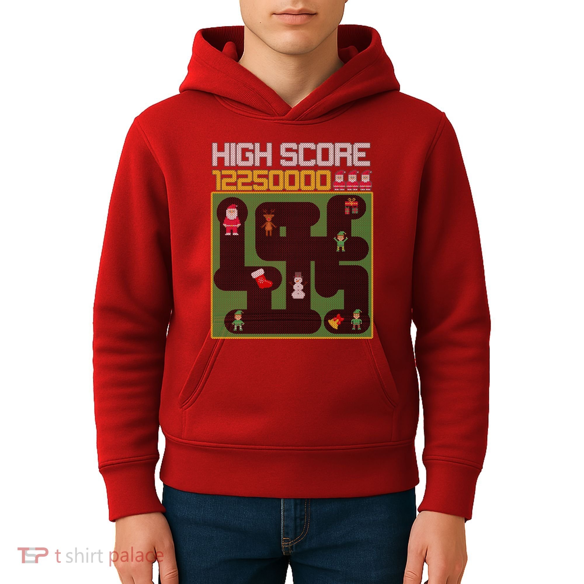 High Score 8-Bit Santa Game Ugly Christmas Kids Hoodie