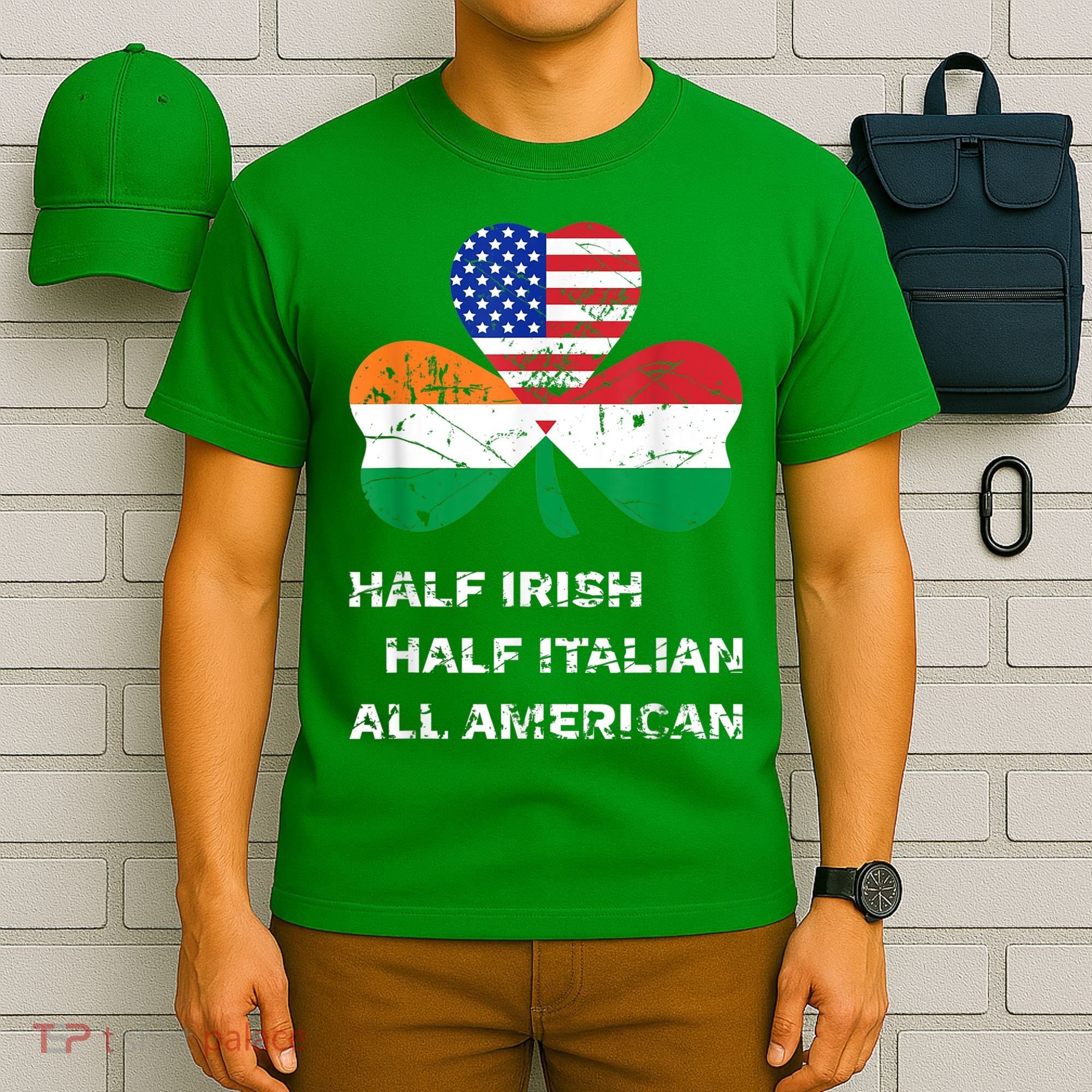 Half Irish Half Italian All American Flag Shamrock Heritage T-Shirt