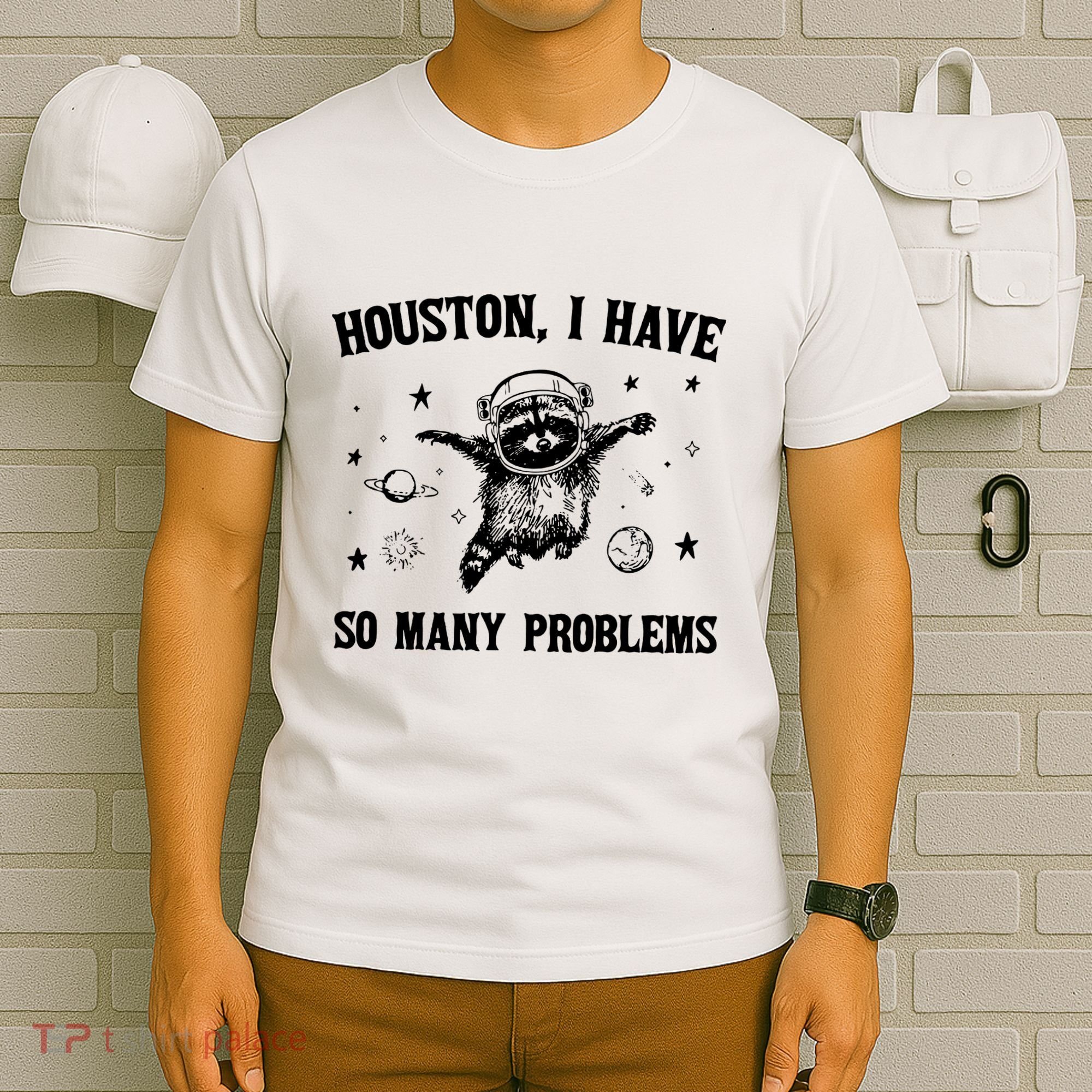 Houston I Have So Many Problems Raccoon In Space Retro 90s Graphic T-Shirt