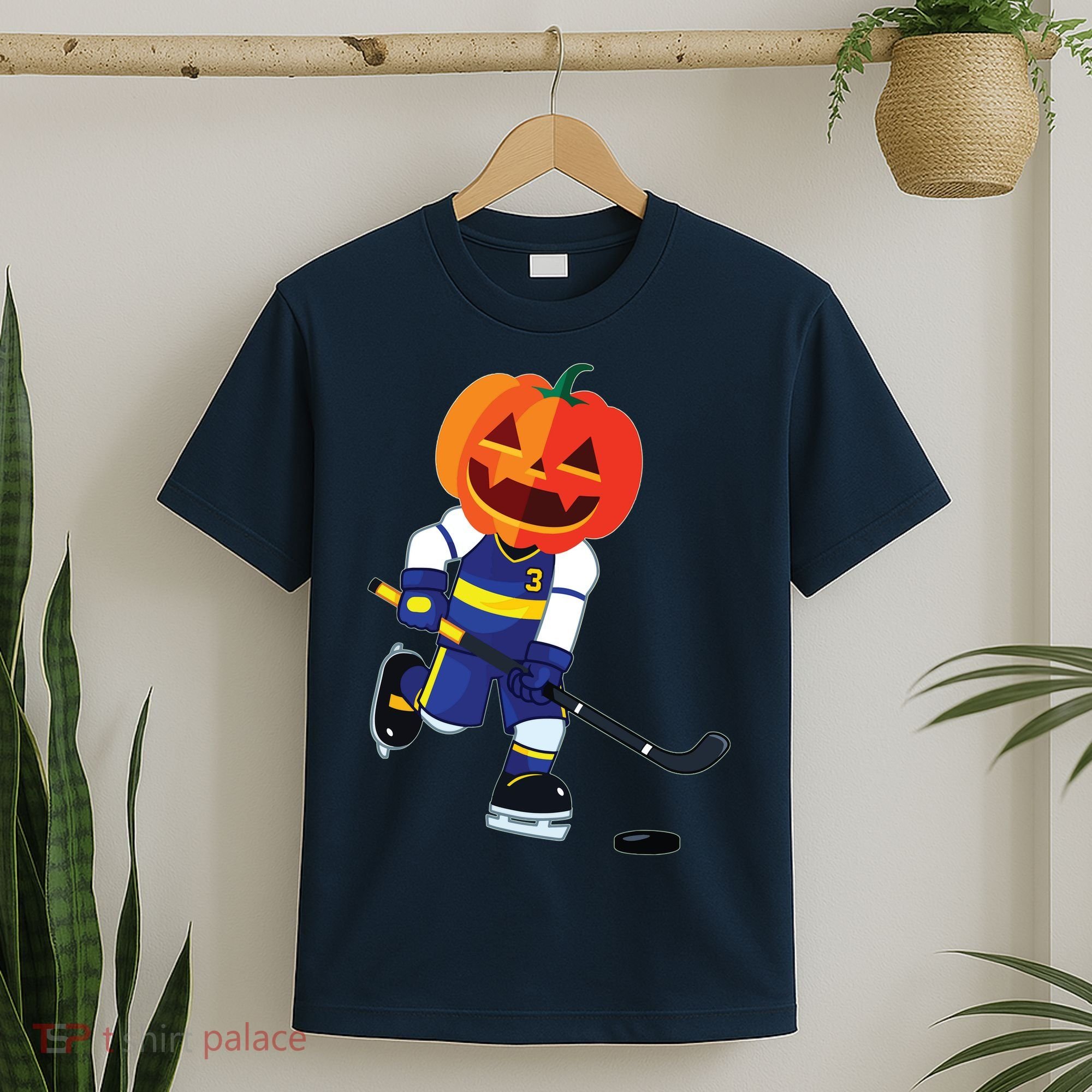 Halloween Ice Hockey Player Pumpkin Head Scary Gift T-Shirt