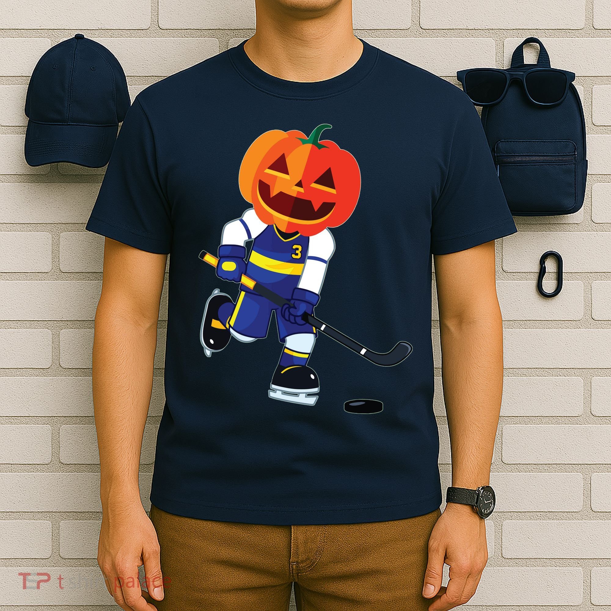 Halloween Ice Hockey Player Pumpkin Head Scary Gift T-Shirt