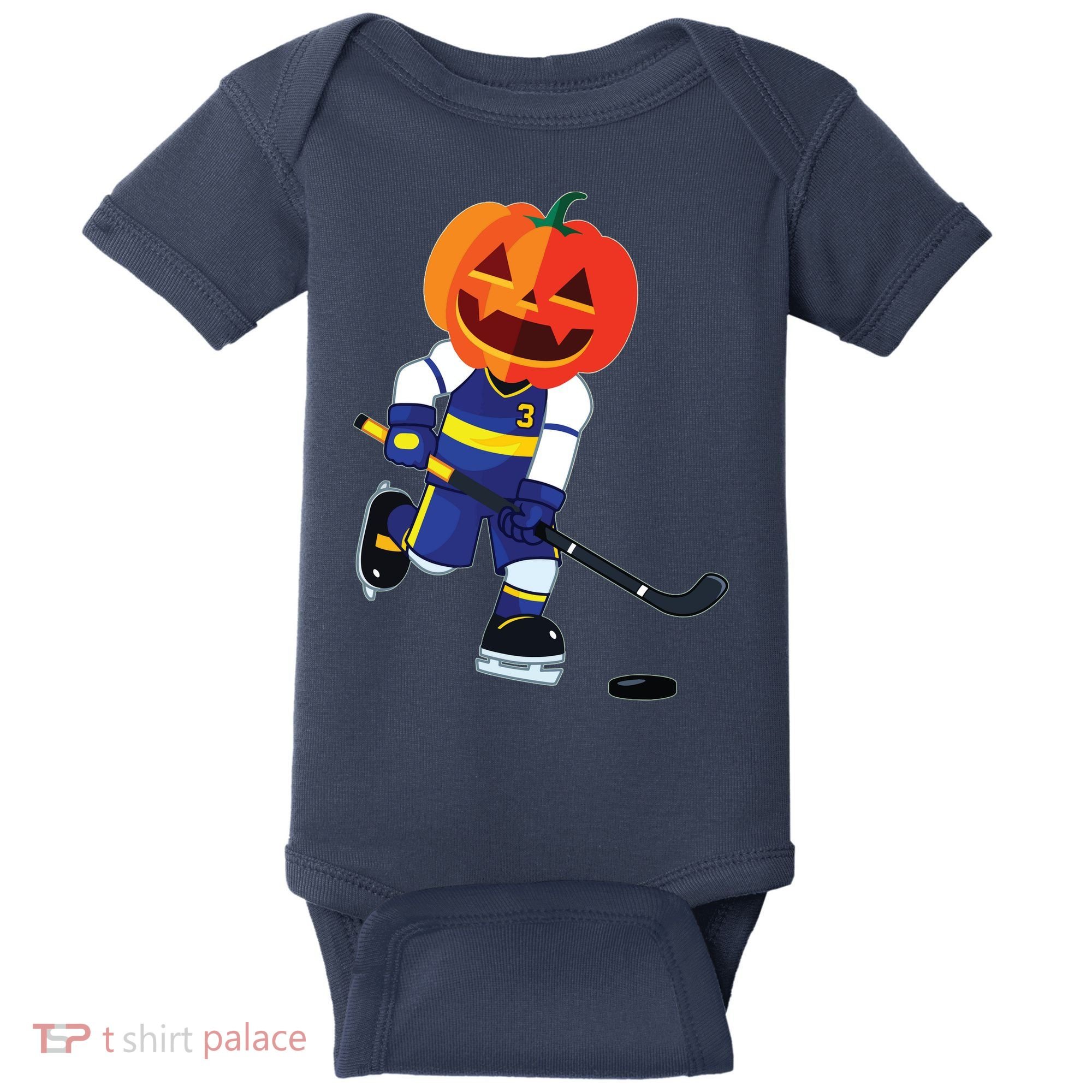 Halloween Ice Hockey Player Pumpkin Head Scary Gift Baby Bodysuit