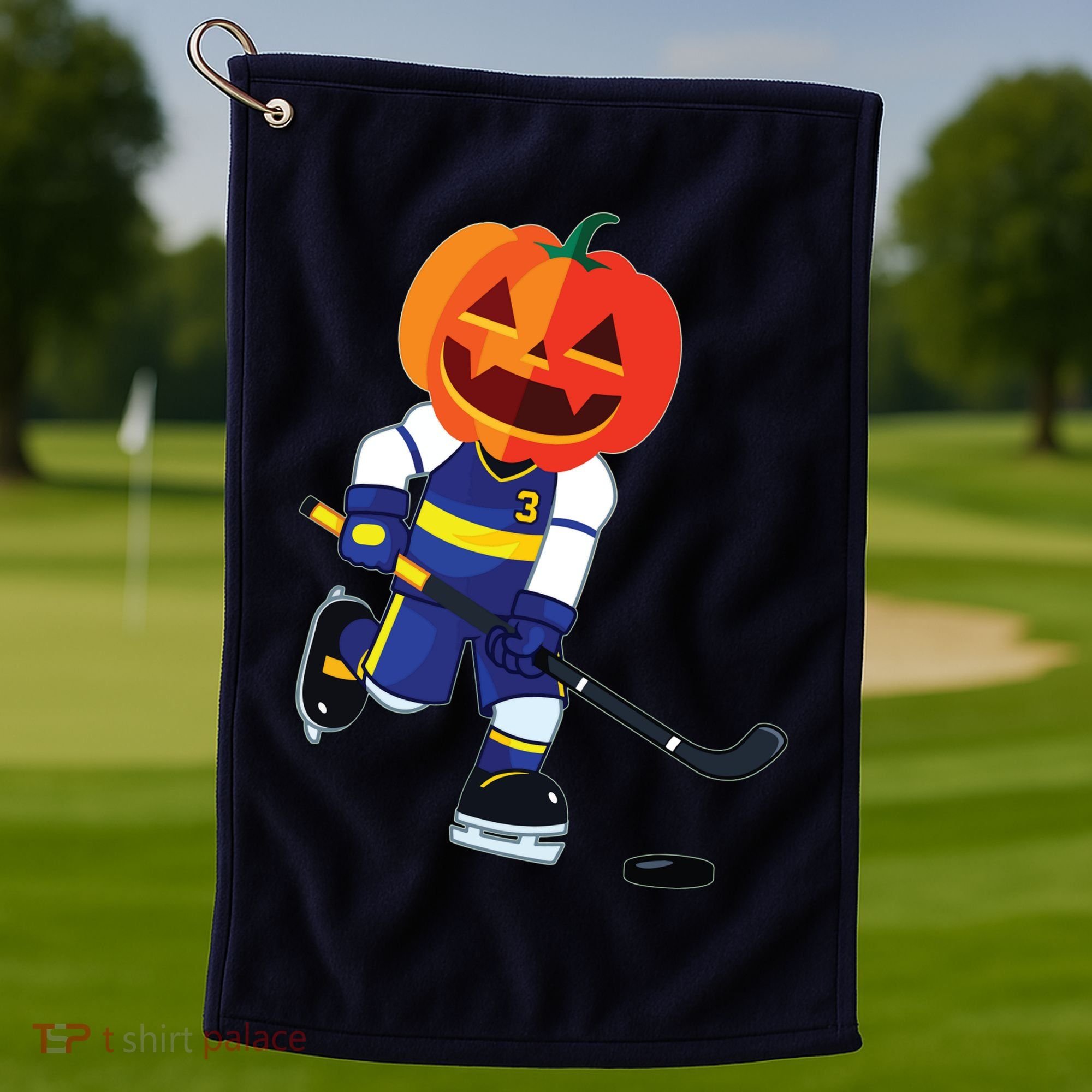 Halloween Ice Hockey Player Pumpkin Head Scary Gift Golf Towel