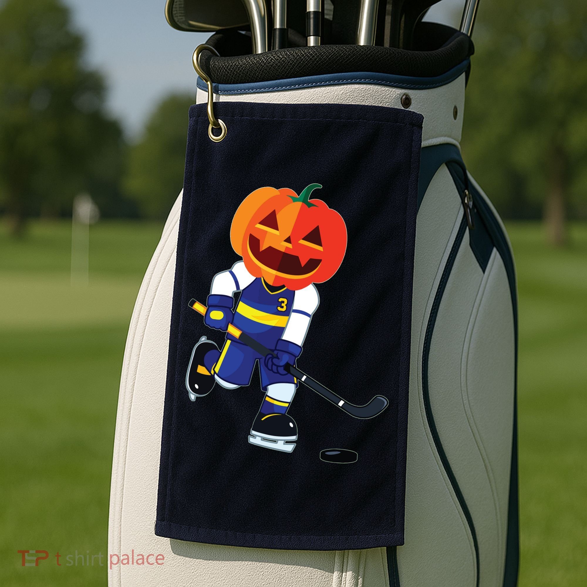 Halloween Ice Hockey Player Pumpkin Head Scary Gift Golf Towel