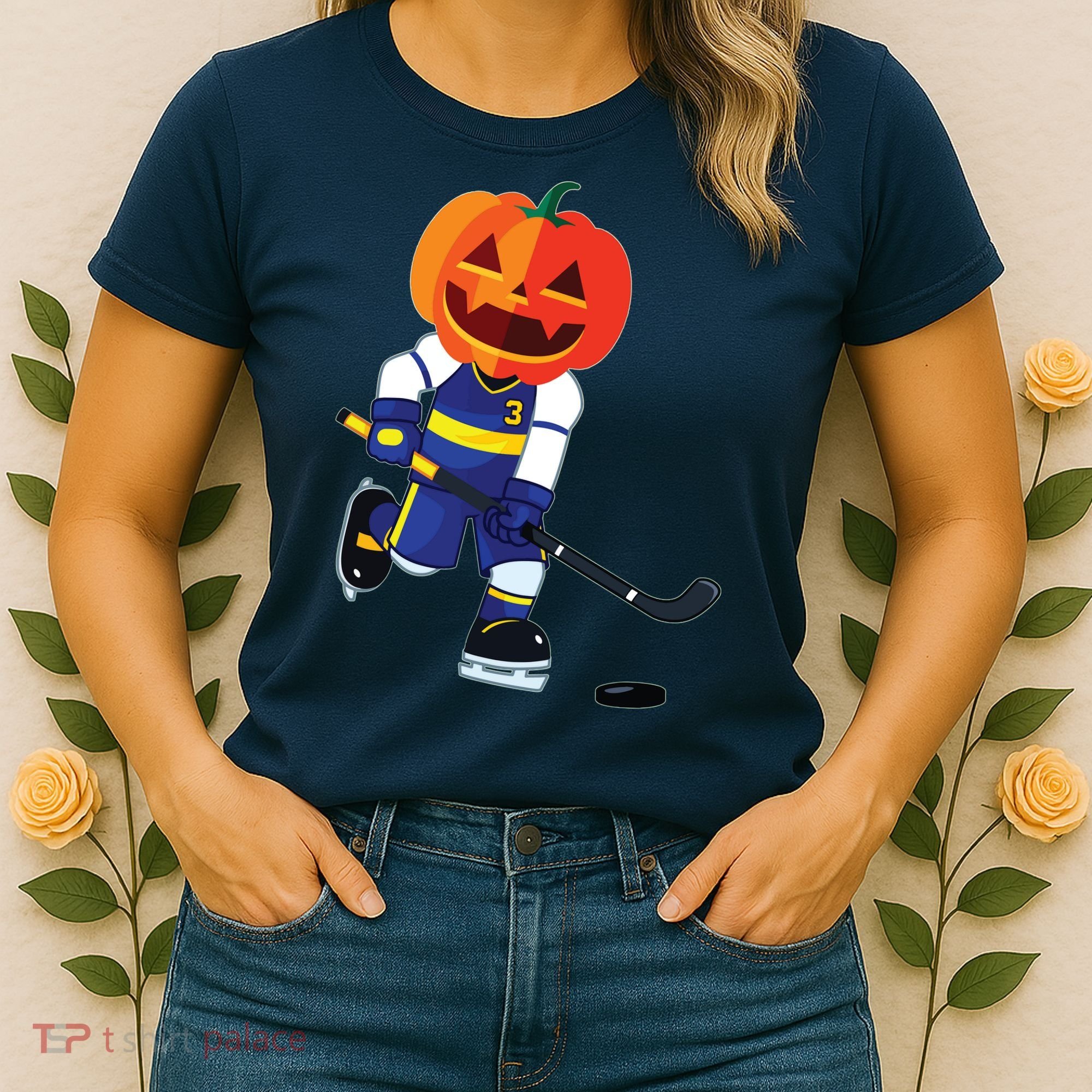 Halloween Ice Hockey Player Pumpkin Head Scary Gift Women's T-Shirt